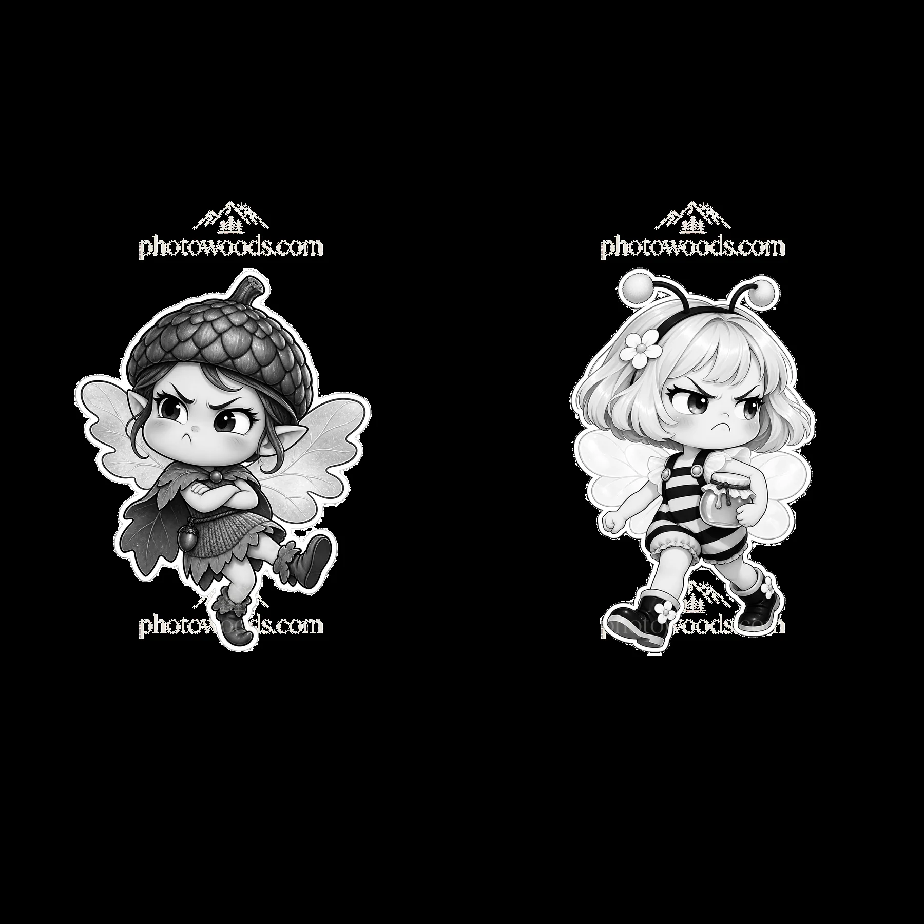 Grumpy fairy characters with wings and distinct outfits - AI-generated stock image