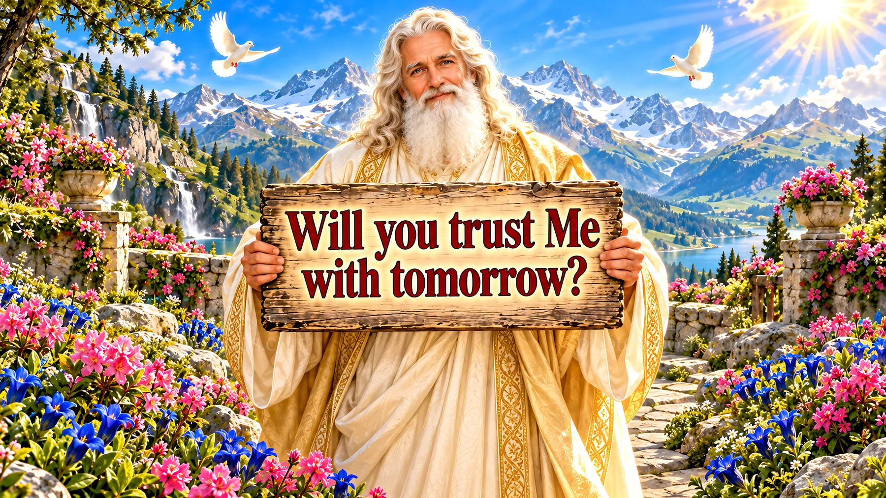 Jesus Christ holding a sign asking for trust in tomorrow - AI-generated stock image