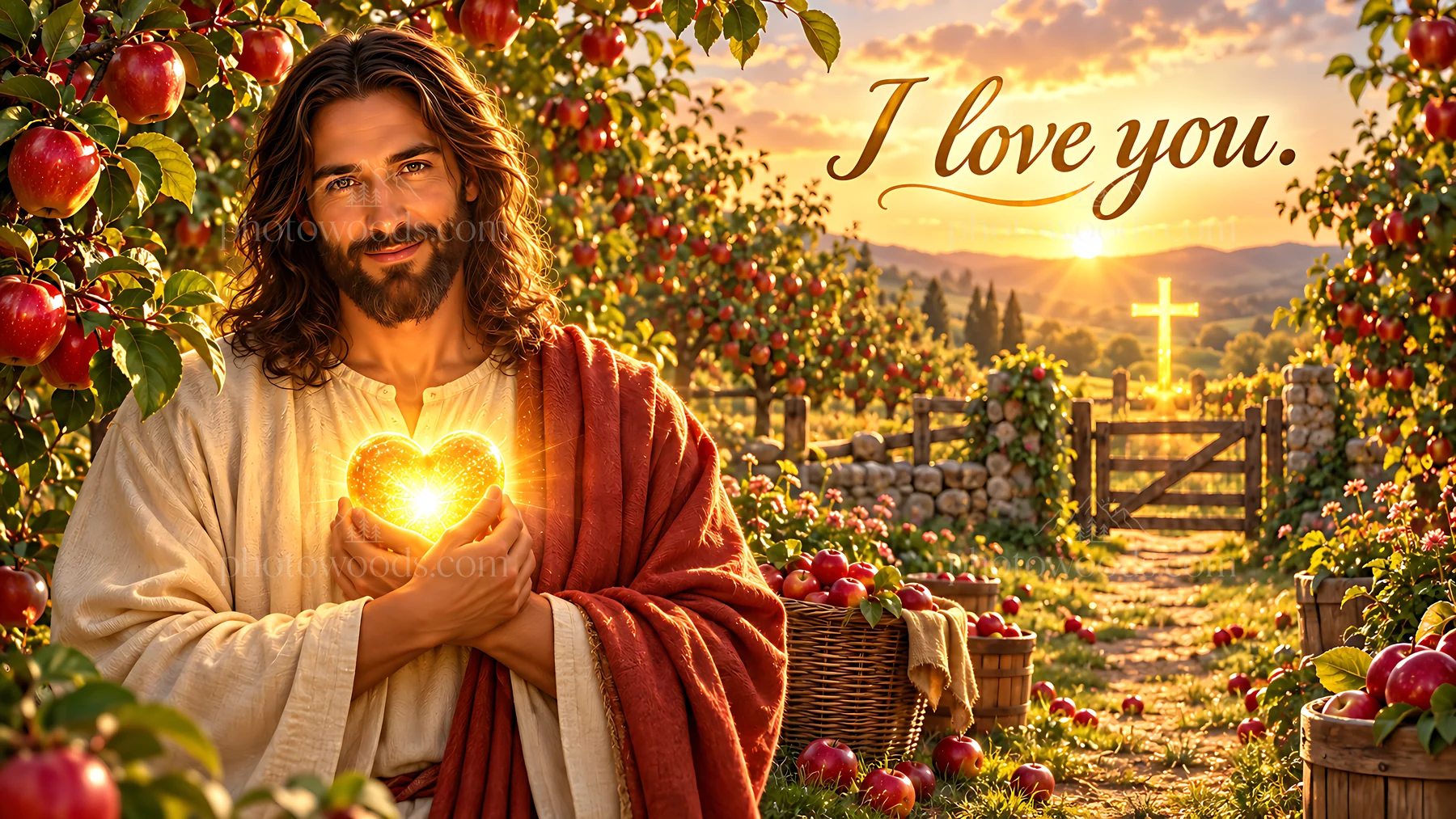 Kindness in the harvest orchard on a sunny afternoon - AI-generated stock image