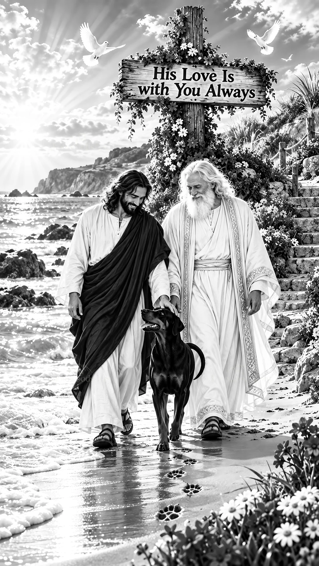 Jesus Christ walking with God and a dog on the beach - AI-generated stock image