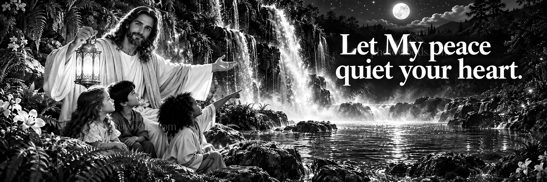 Jesus Christ brings peace to children by the water - AI-generated stock image
