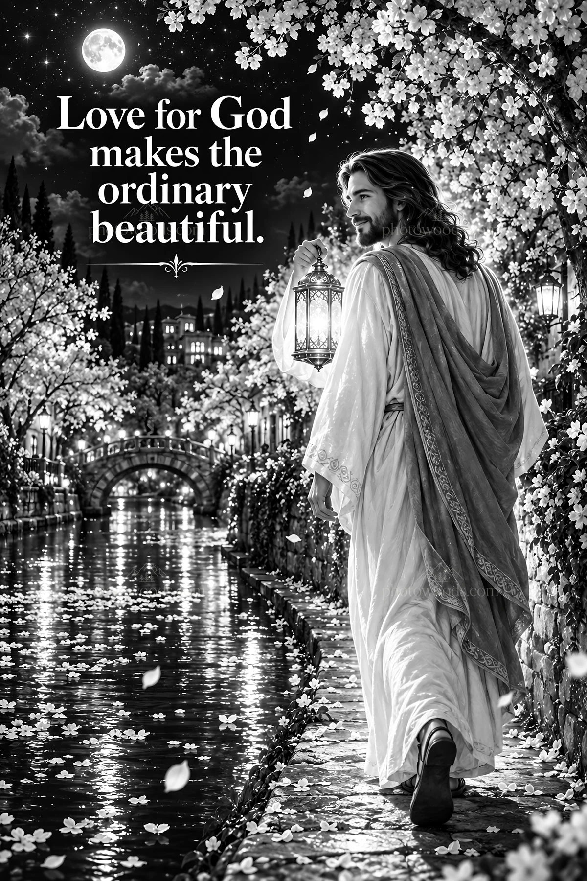 Jesus Christ walking by a river with a lantern at night - AI-generated stock image