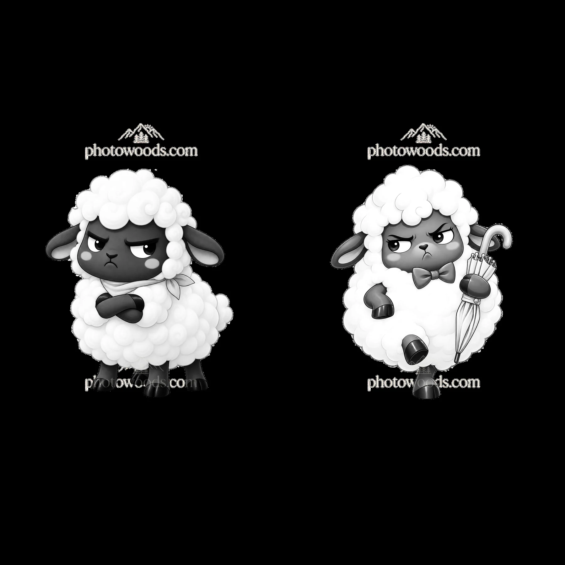 Kawaii grumpy sheep characters with distinct poses and features - AI-generated stock image