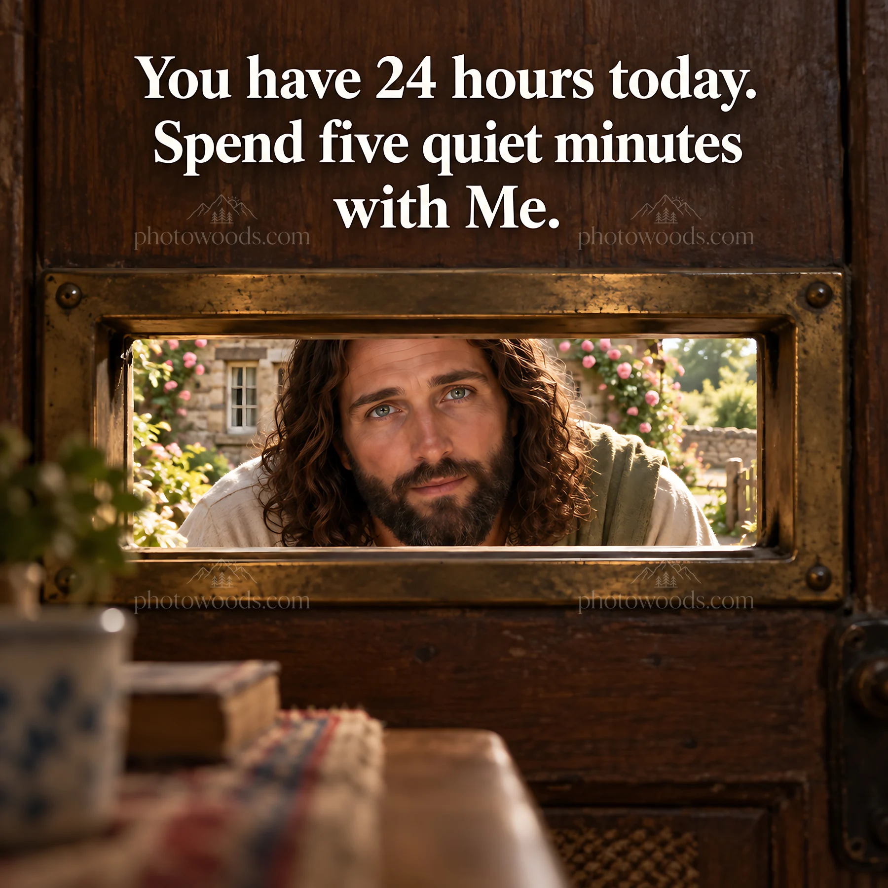 Jesus Christ invites quiet reflection through a door - AI-generated stock image