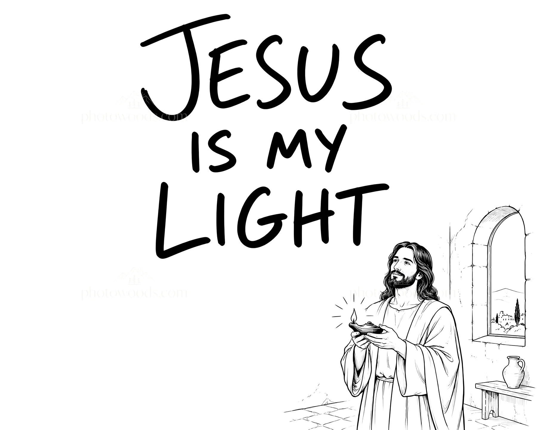 Jesus Christ welcomes with light in a contemporary setting - AI-generated stock image