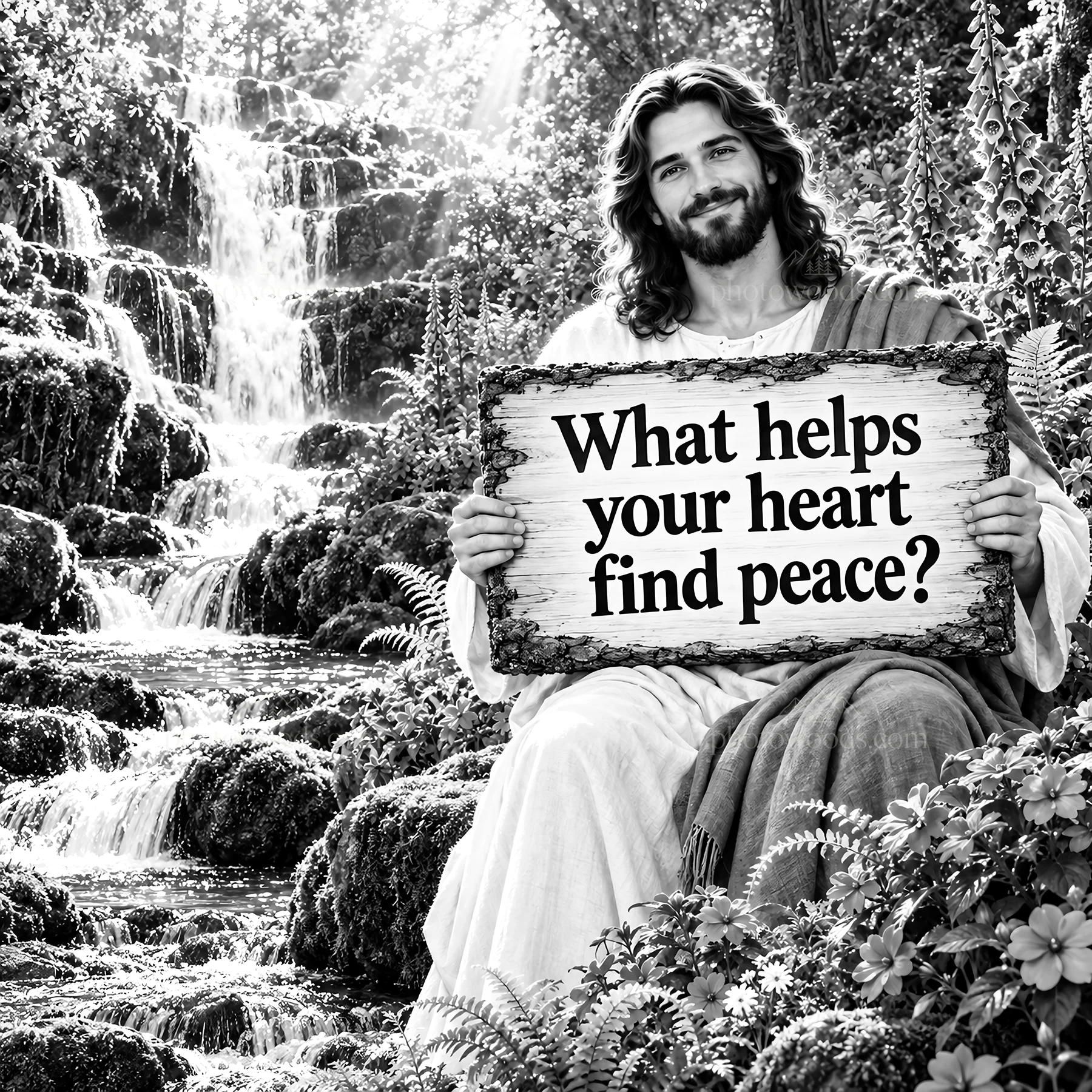 Jesus Christ inviting reflection by a flowing waterfall - AI-generated stock image