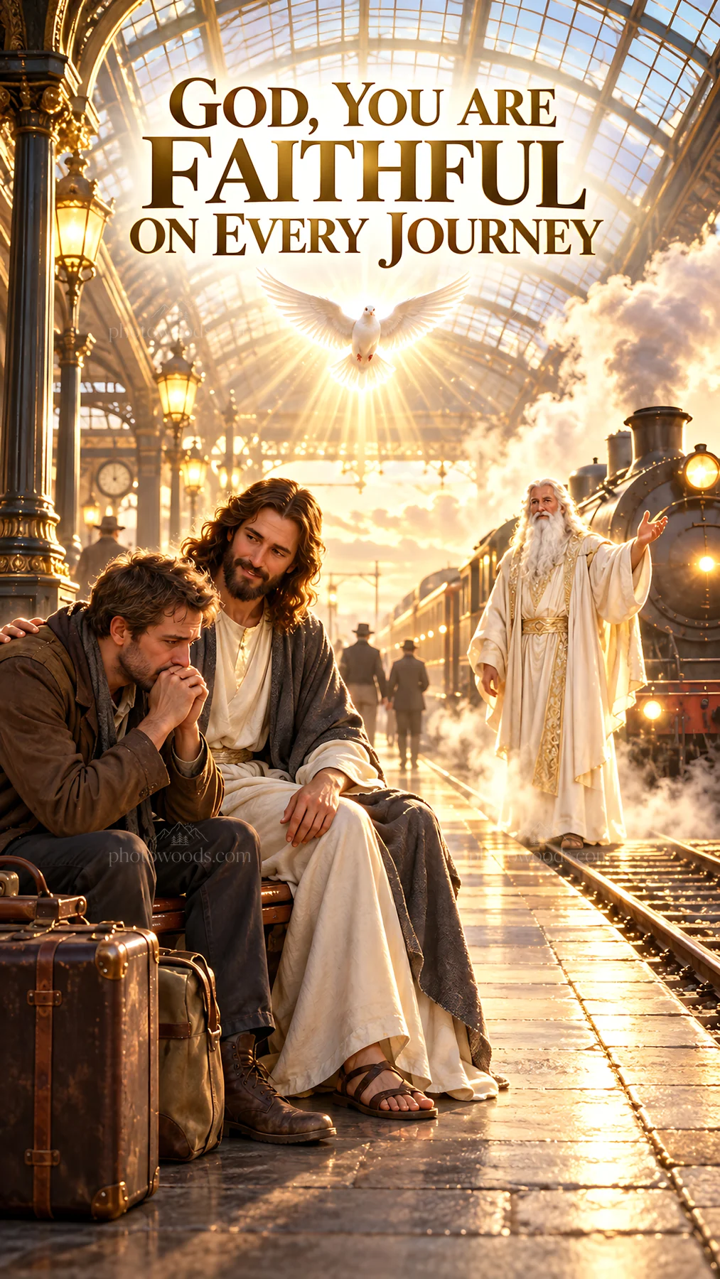 Jesus Christ comforting a traveler at a train station - AI-generated stock image