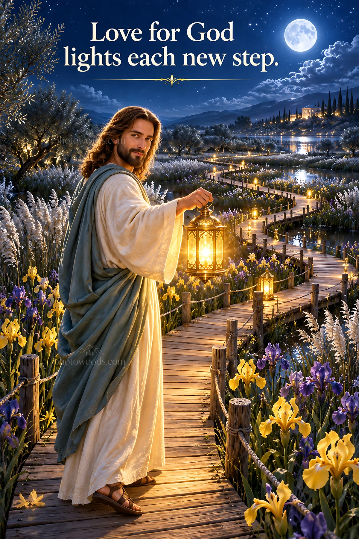 Jesus Christ holding a lantern on a peaceful path - AI-generated stock image