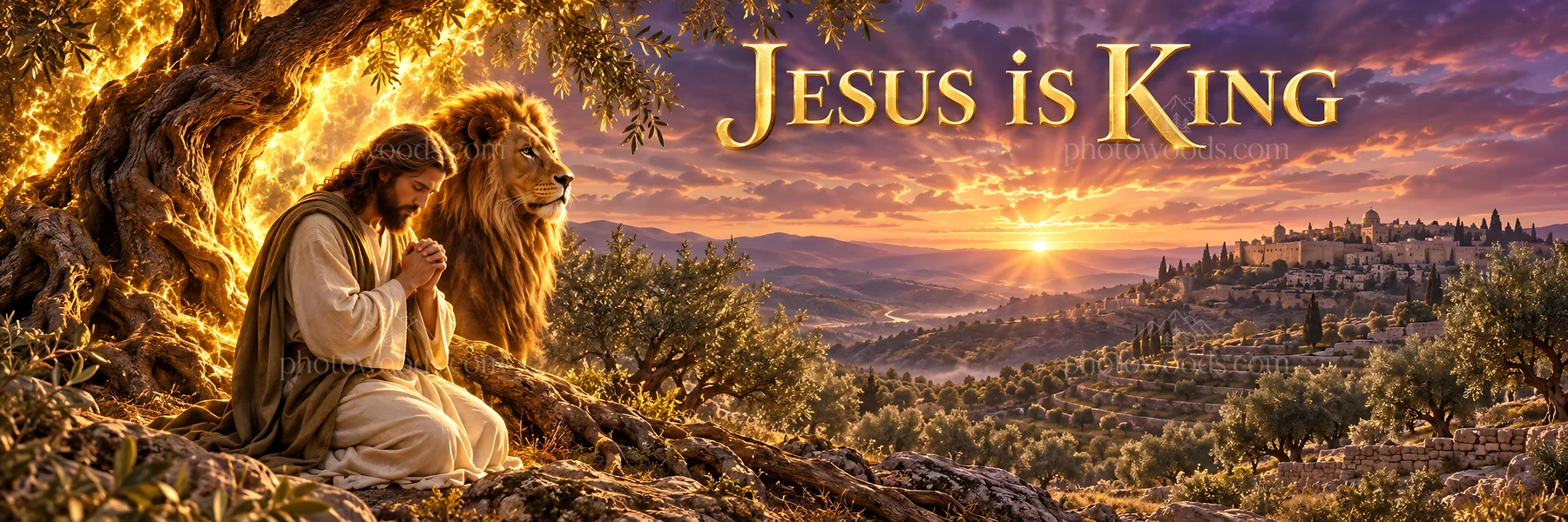 Jesus Christ praying under a tree with a lion at sunrise - AI-generated stock image
