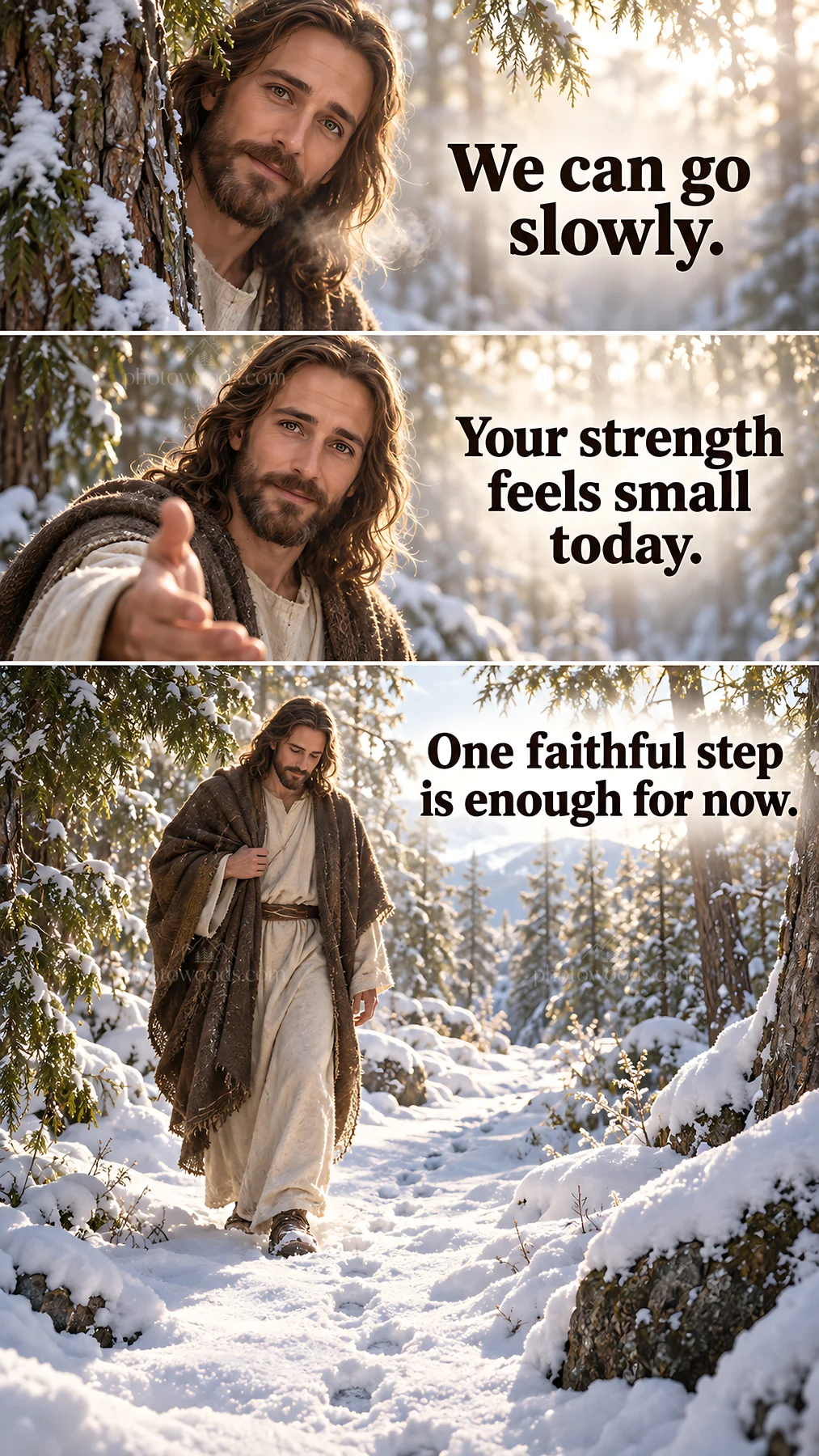 Jesus Christ offering comfort in a snowy landscape - AI-generated stock image