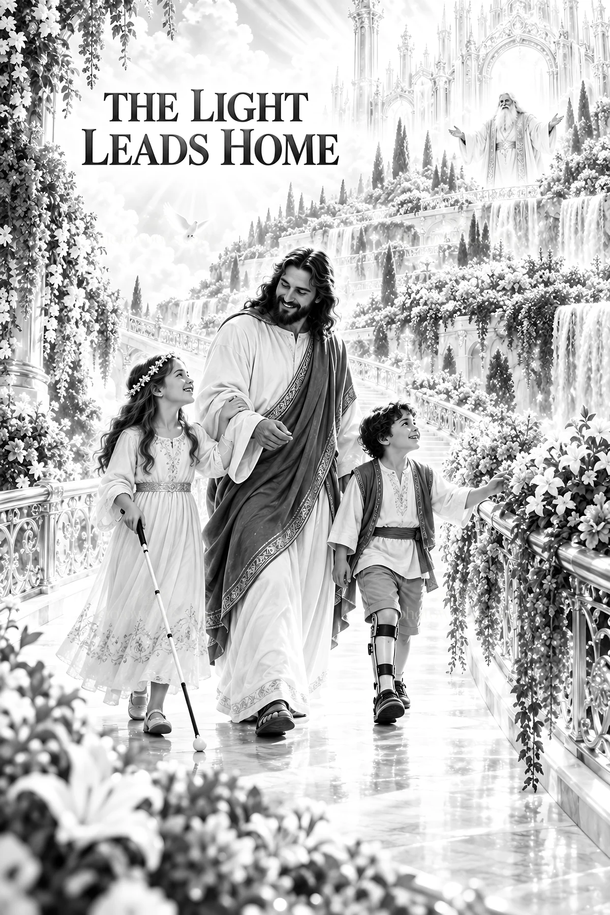 Jesus Christ walking with children in a garden path - AI-generated stock image