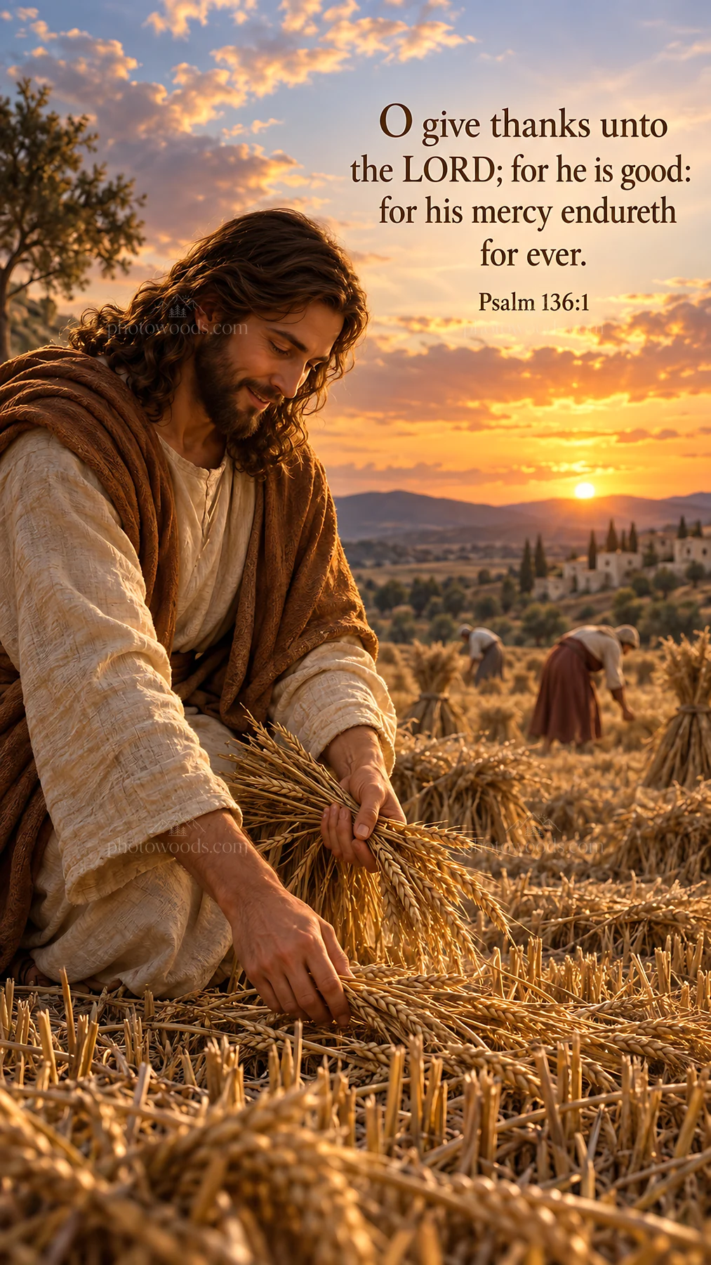 Jesus Christ gathering wheat in a field at sunset - AI-generated stock image