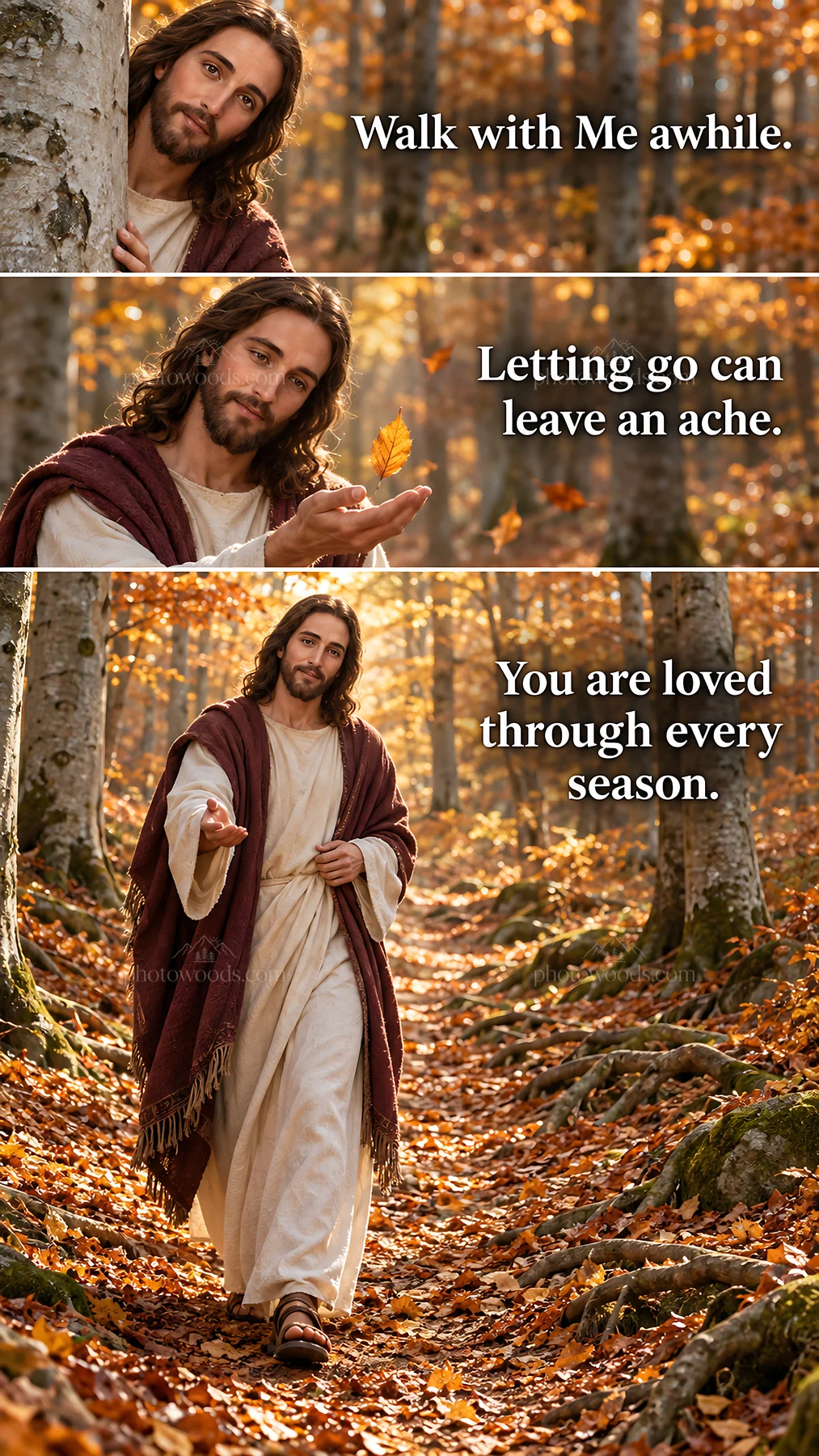 Jesus Christ walks with a person in a forest during autumn - AI-generated stock image