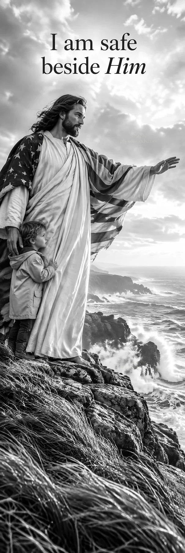 Jesus Christ welcoming a child at the ocean's edge - AI-generated stock image