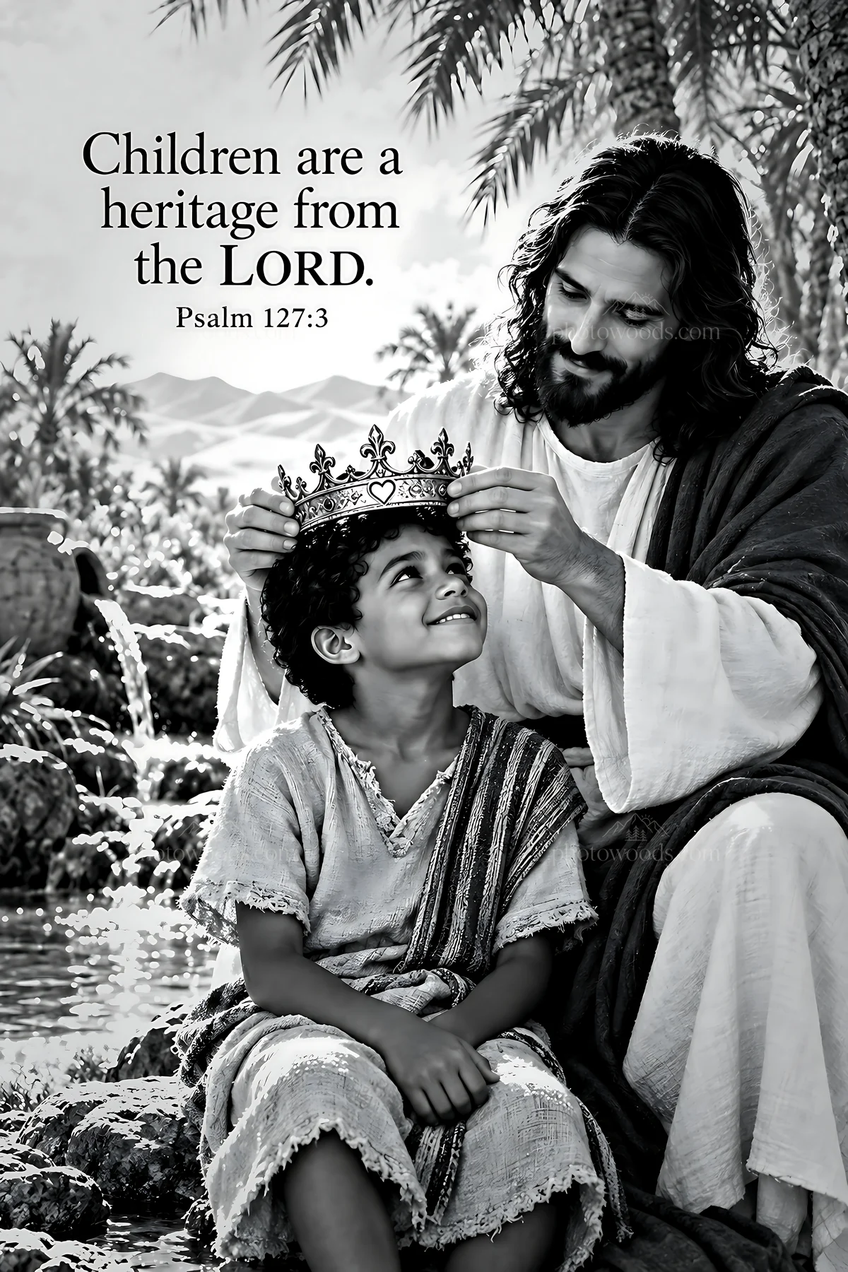 Children in the desert receiving a crown from a figure - AI-generated stock image