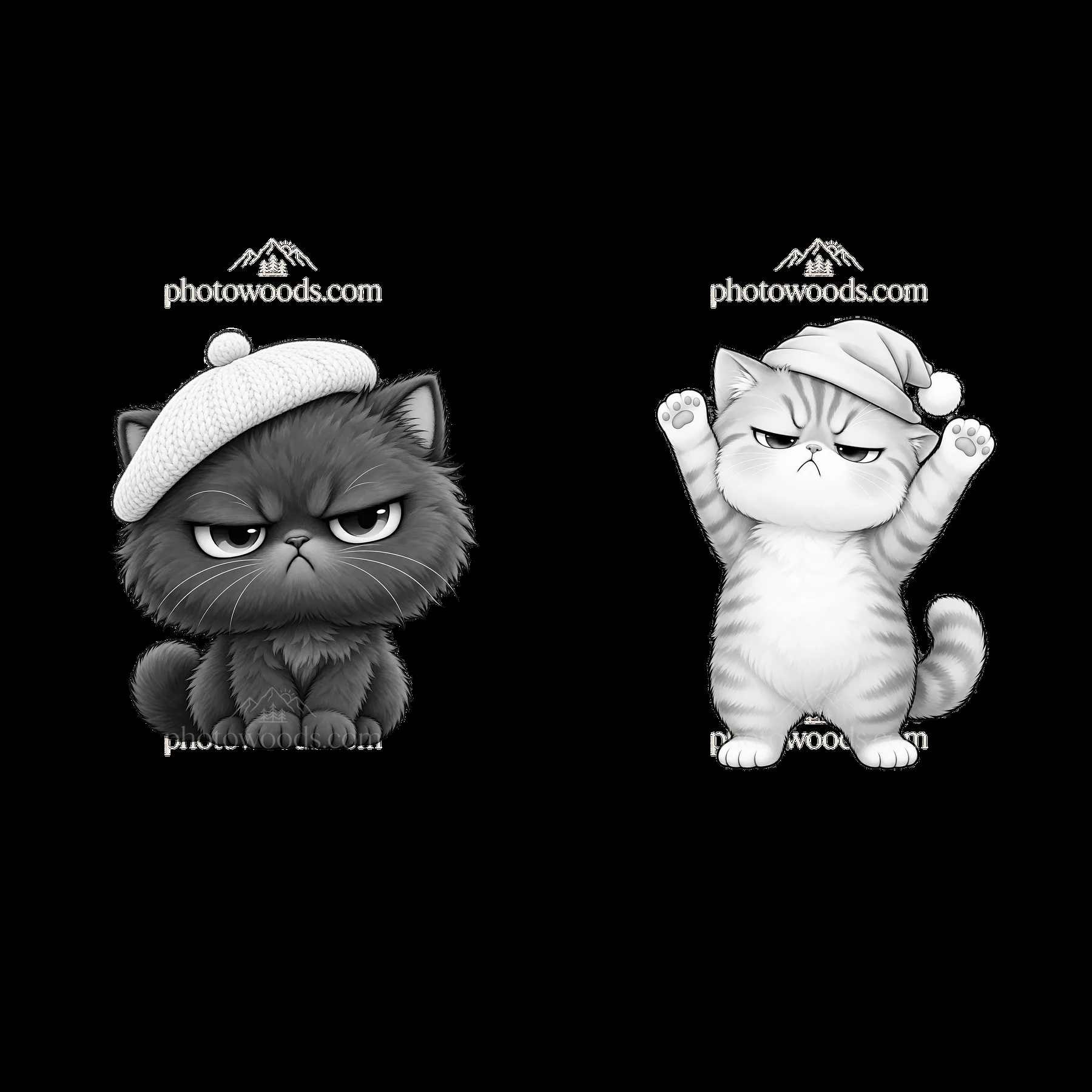 Kawaii grumpy cat pair with hats in black and white - AI-generated stock image