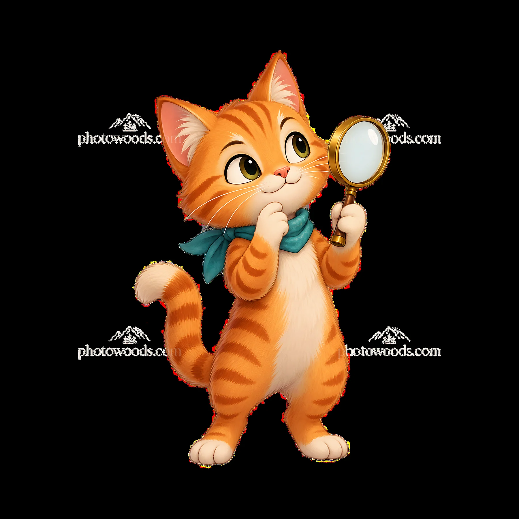 Curious orange cat holding a magnifying glass and pondering - AI-generated stock image