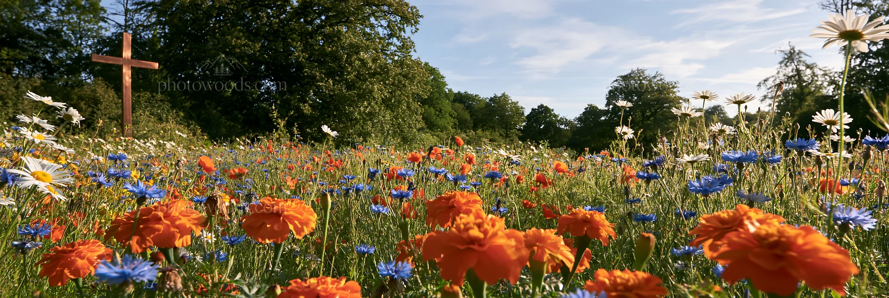 Christian cross in a meadow with wildflowers - AI-generated stock image