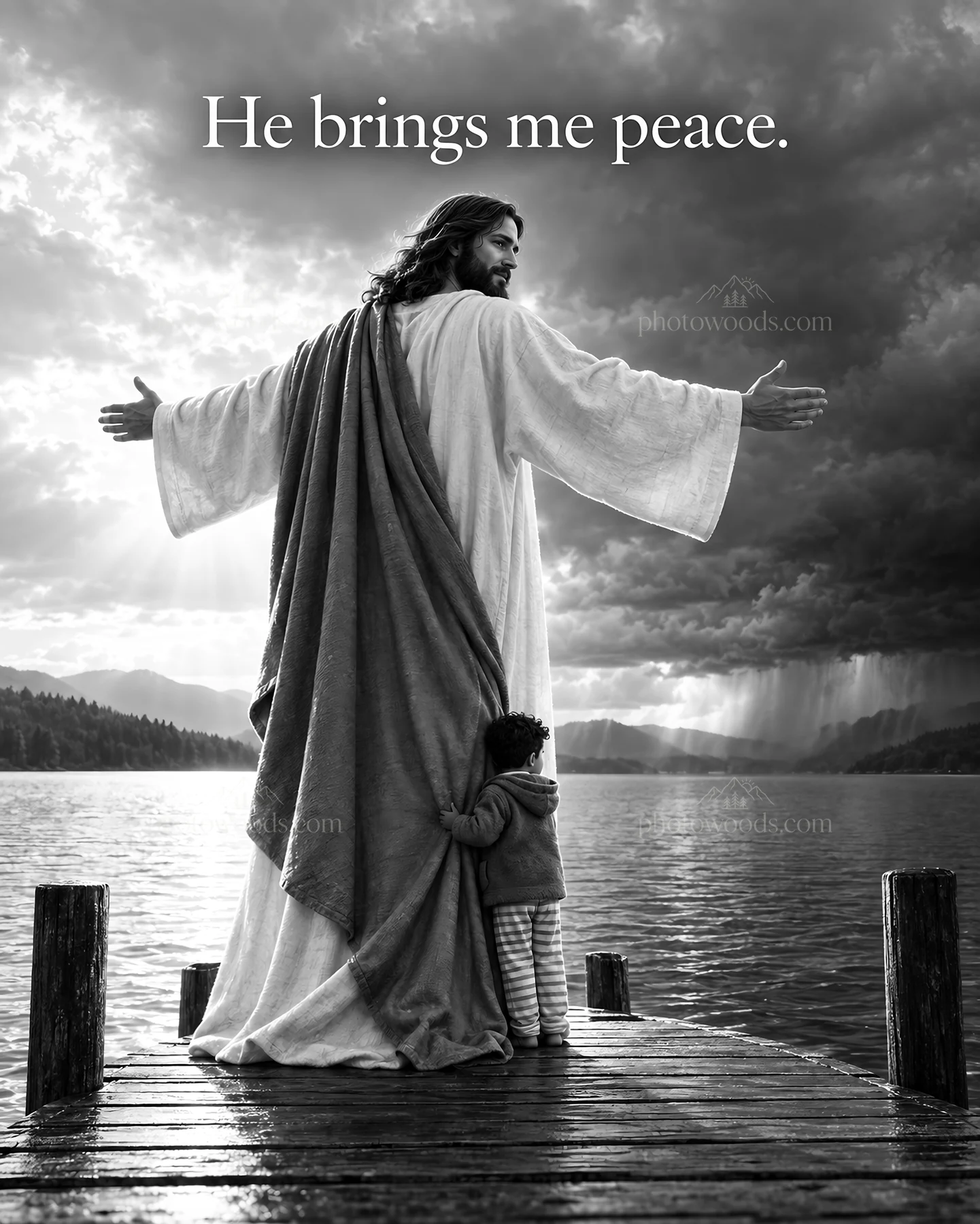 Jesus Christ welcomes a child at the lakeside - AI-generated stock image