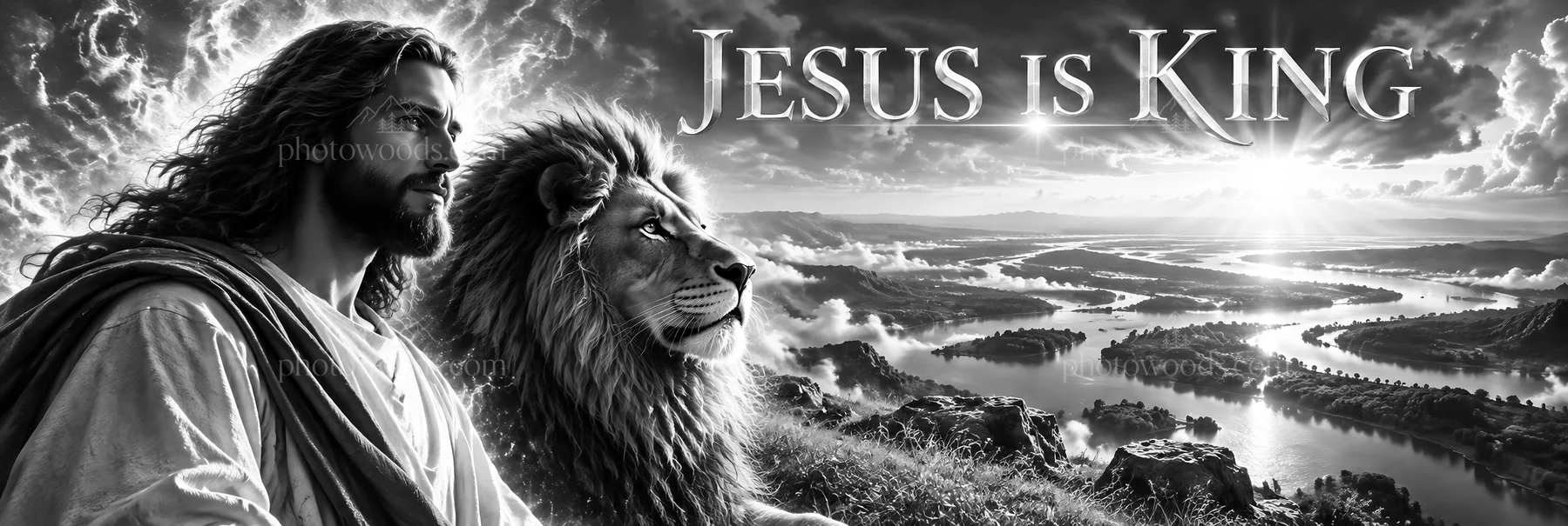 Jesus Christ seated with a lion in a natural landscape - AI-generated stock image
