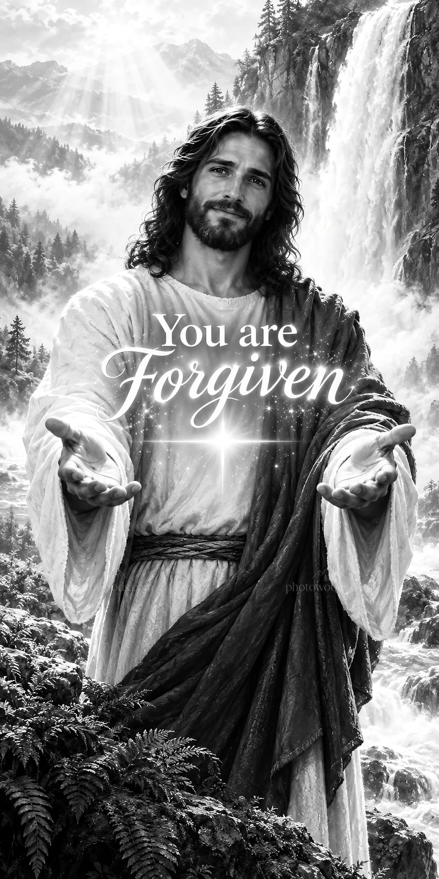 Jesus Christ offering forgiveness in a natural landscape - AI-generated stock image