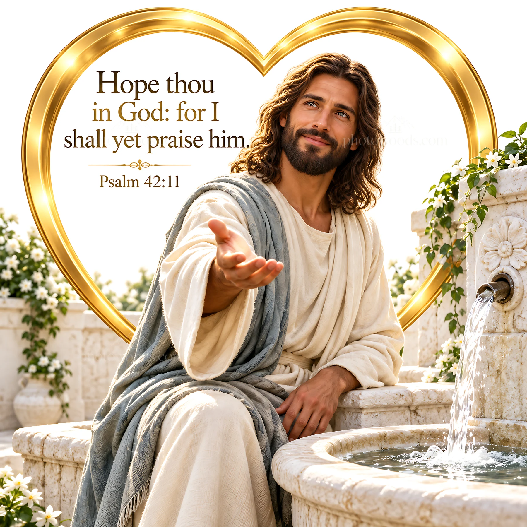 Jesus Christ offering hope by the fountain - AI-generated stock image