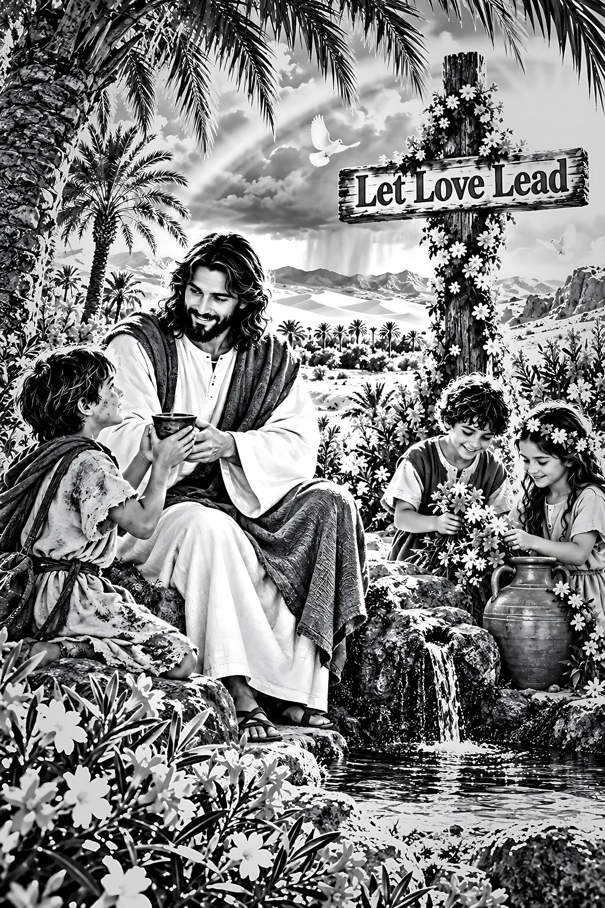 Compassion in the Desert Oasis with children and a figure - AI-generated stock image