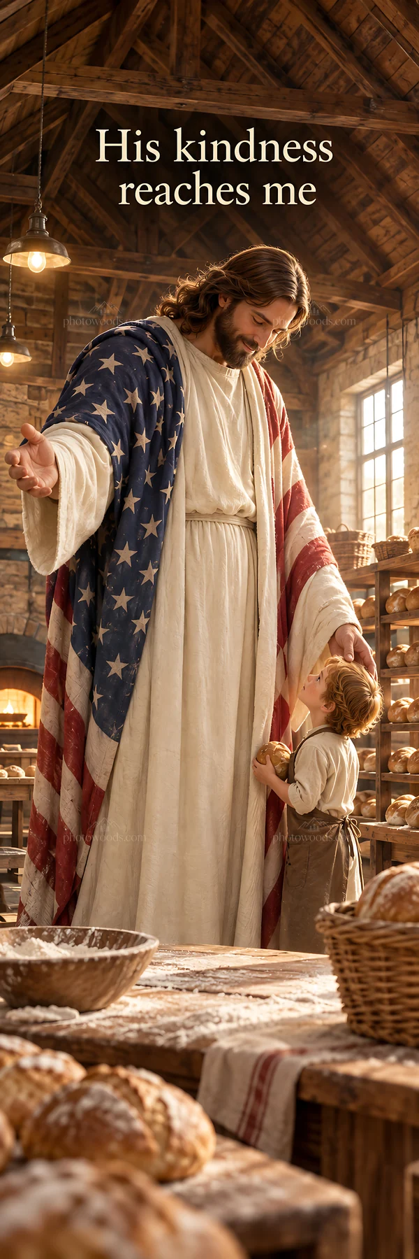 Jesus Christ offers kindness to a child in a bakery setting - AI-generated stock image
