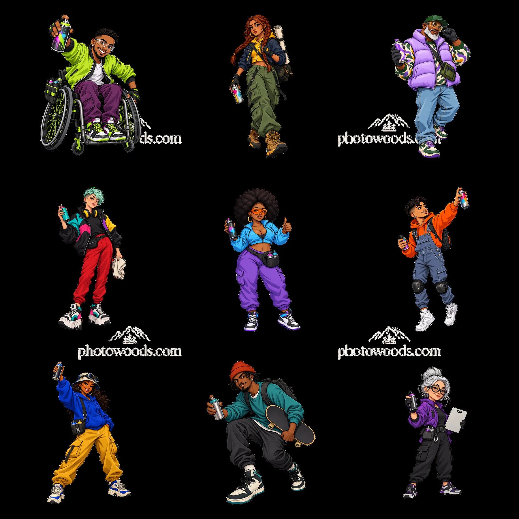 Streetwear graffiti sprayers in diverse poses with spray cans - AI-generated stock image