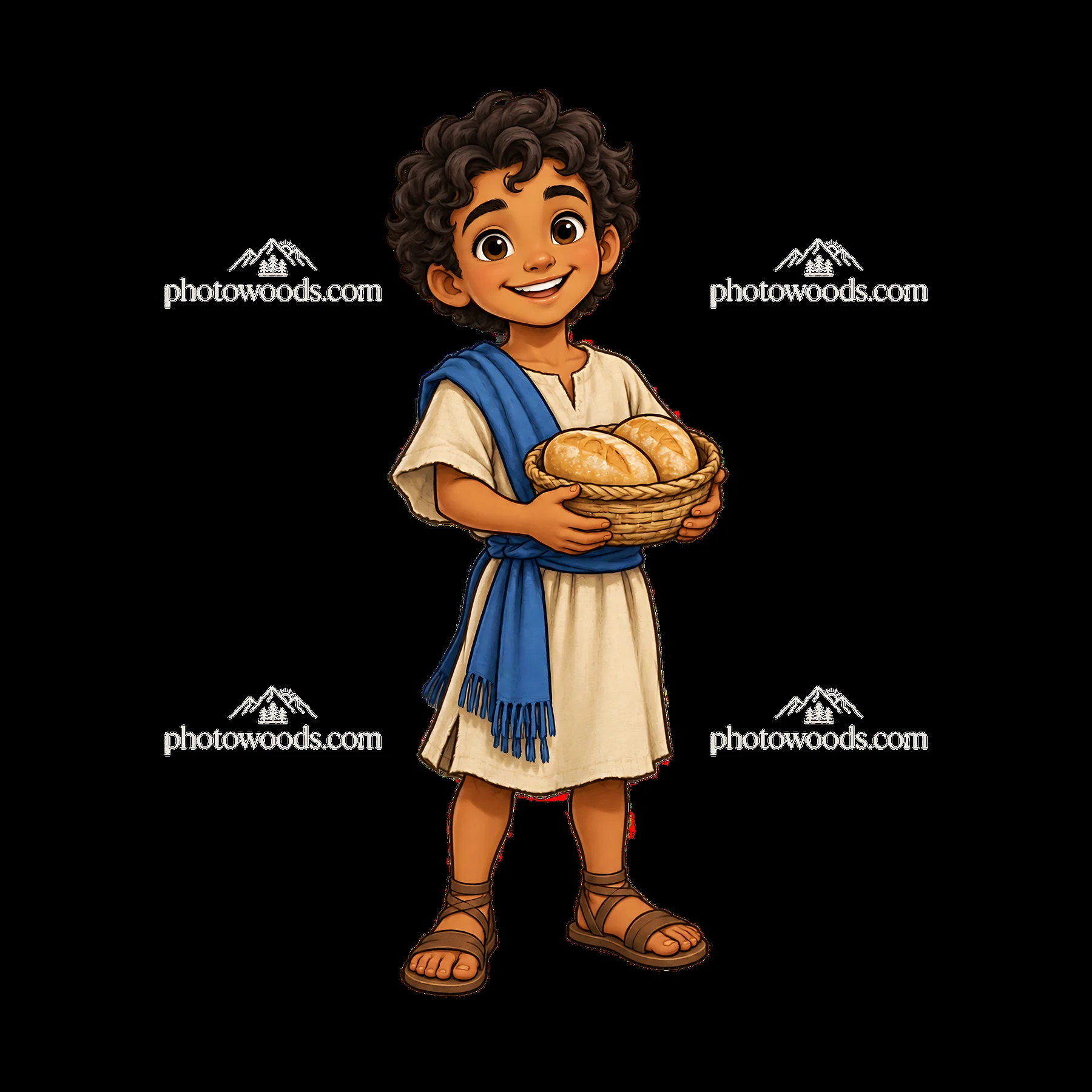 Boy with basket of bread in simple clothing - AI-generated stock image