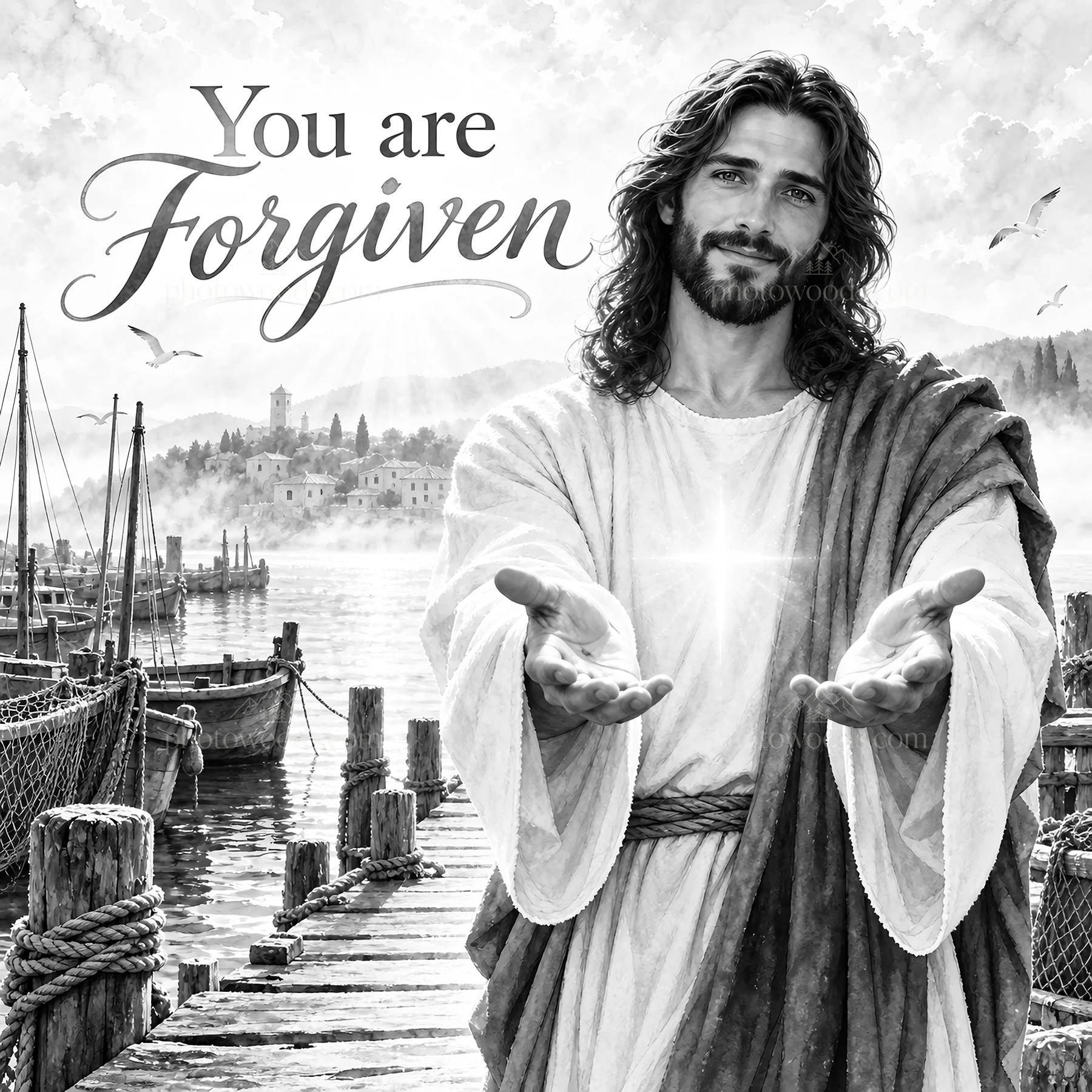 Jesus Christ offering forgiveness by the water - AI-generated stock image