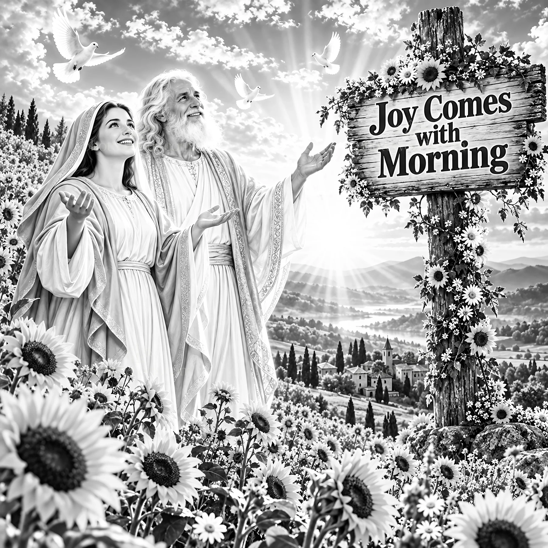 Jesus Christ sharing joy with a woman in a field of flowers - AI-generated stock image
