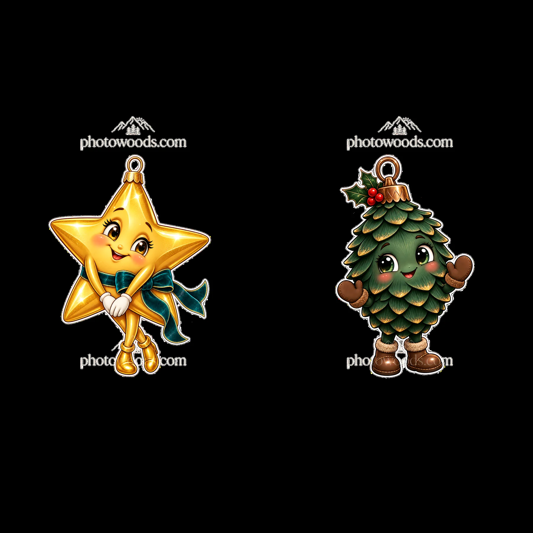 Christmas ornaments featuring smiling star and pine tree characters - AI-generated stock image