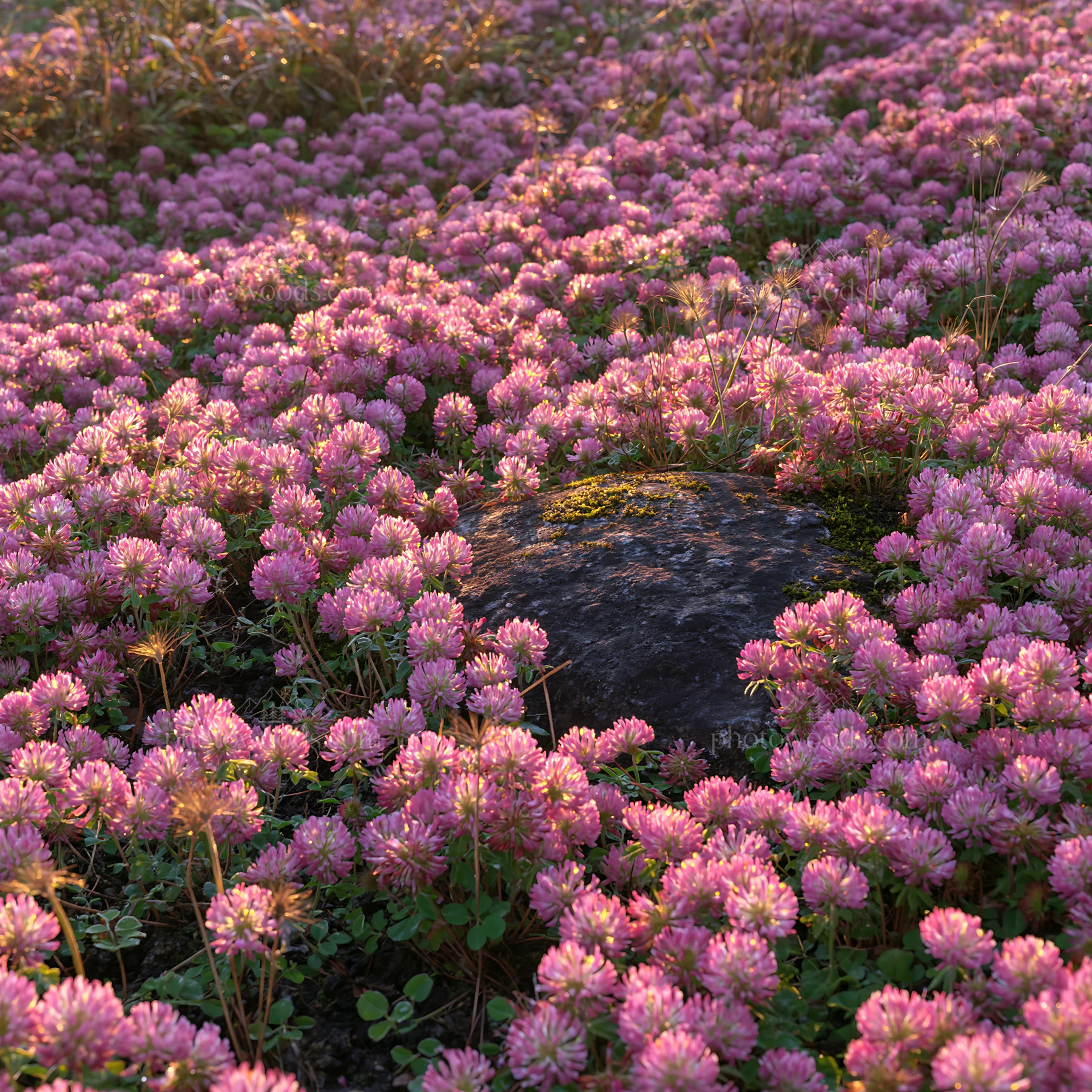 Miyagi spring recovery meadow mossy stone surrounded by flowers - AI-generated stock image