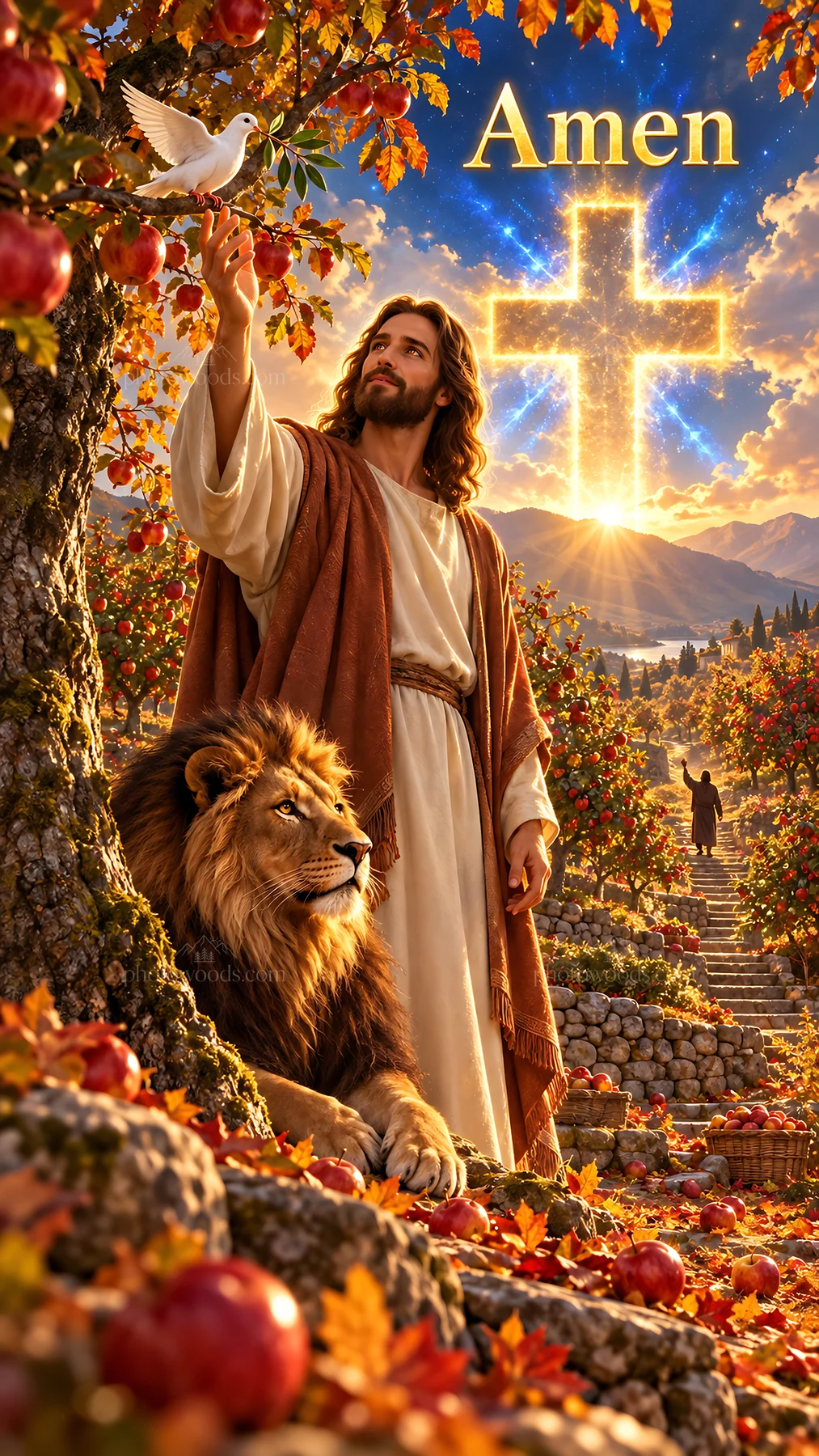 Jesus Christ with a lion and a dove in a lush garden - AI-generated stock image
