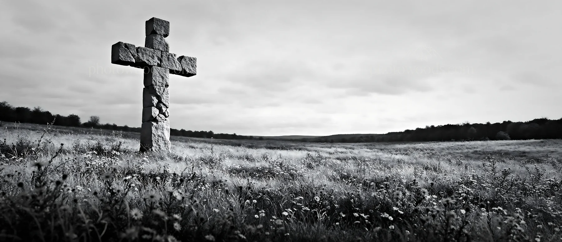 Aged Christian cross in autumn valley meadow - AI-generated stock image