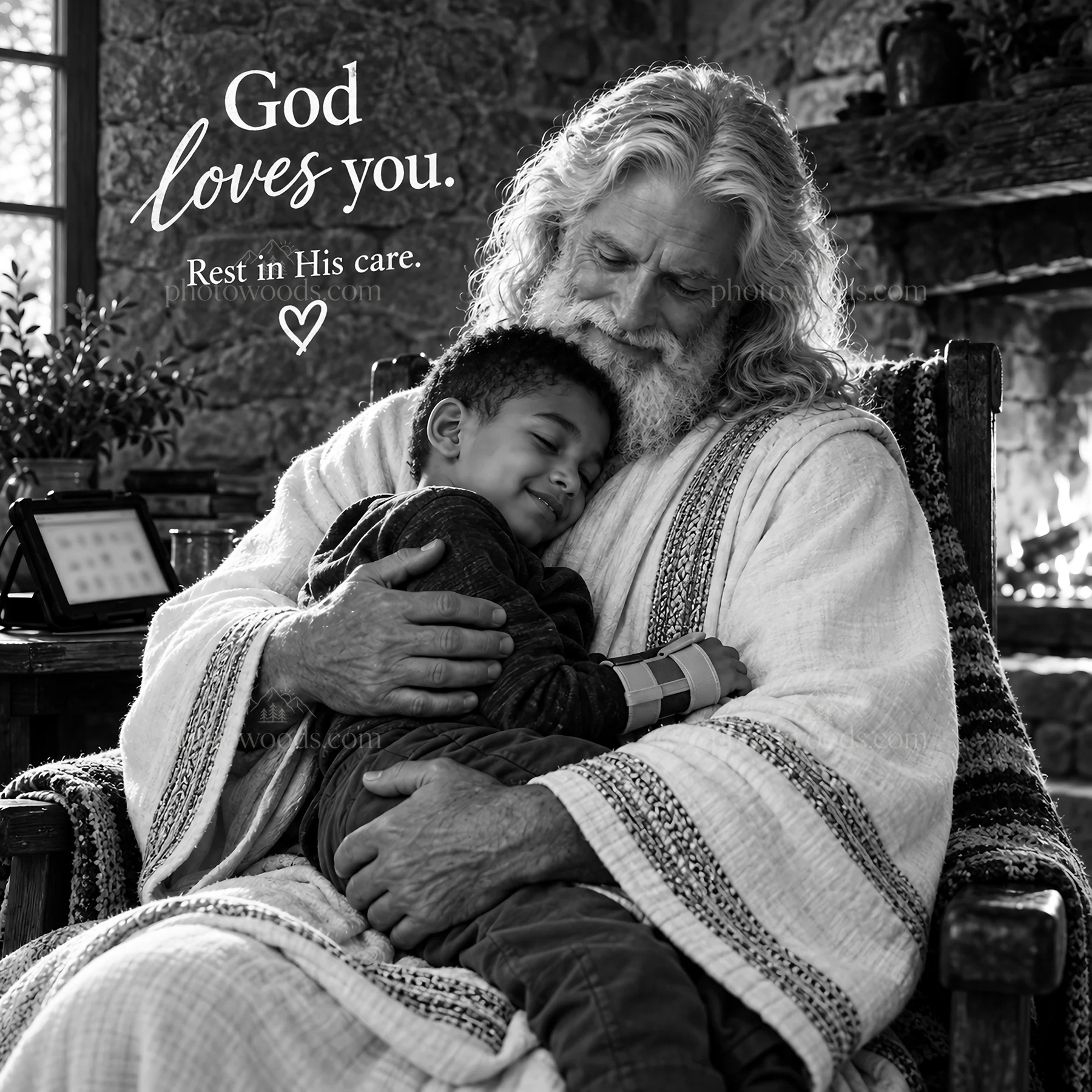 Jesus Christ comforts a child in a warm, inviting setting - AI-generated stock image