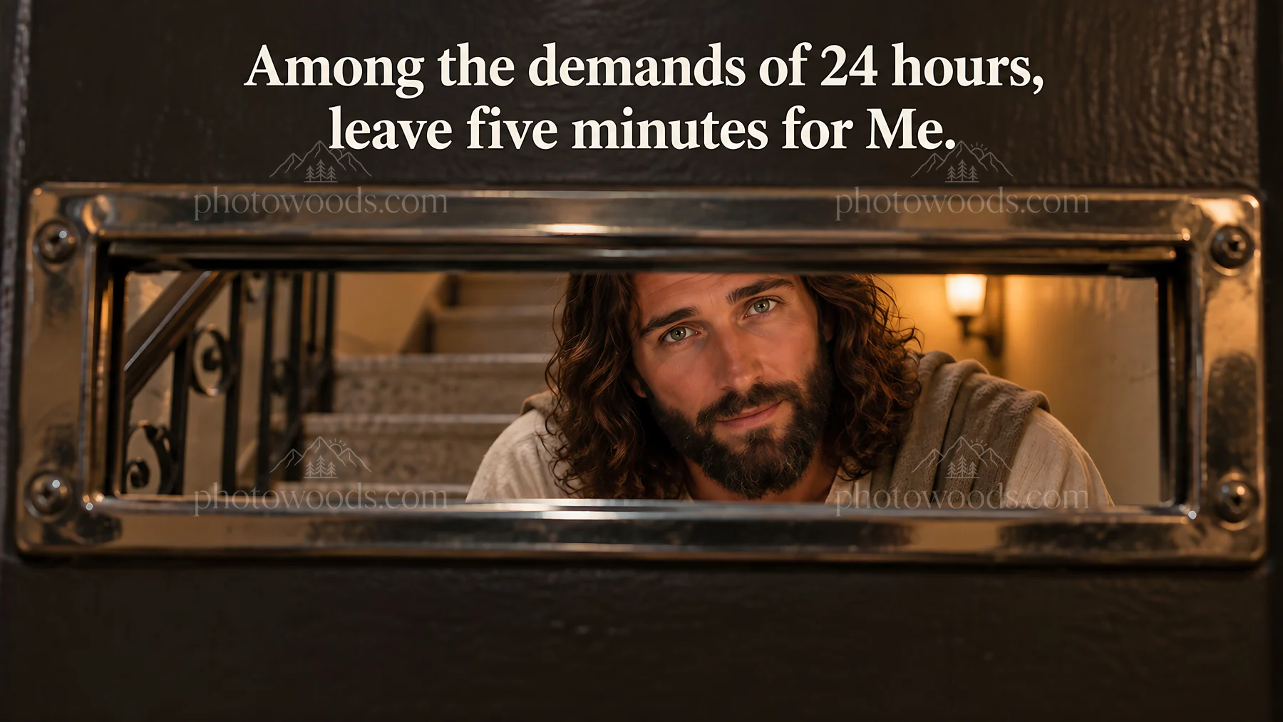 Jesus Christ invites reflection through a door's peephole - AI-generated stock image
