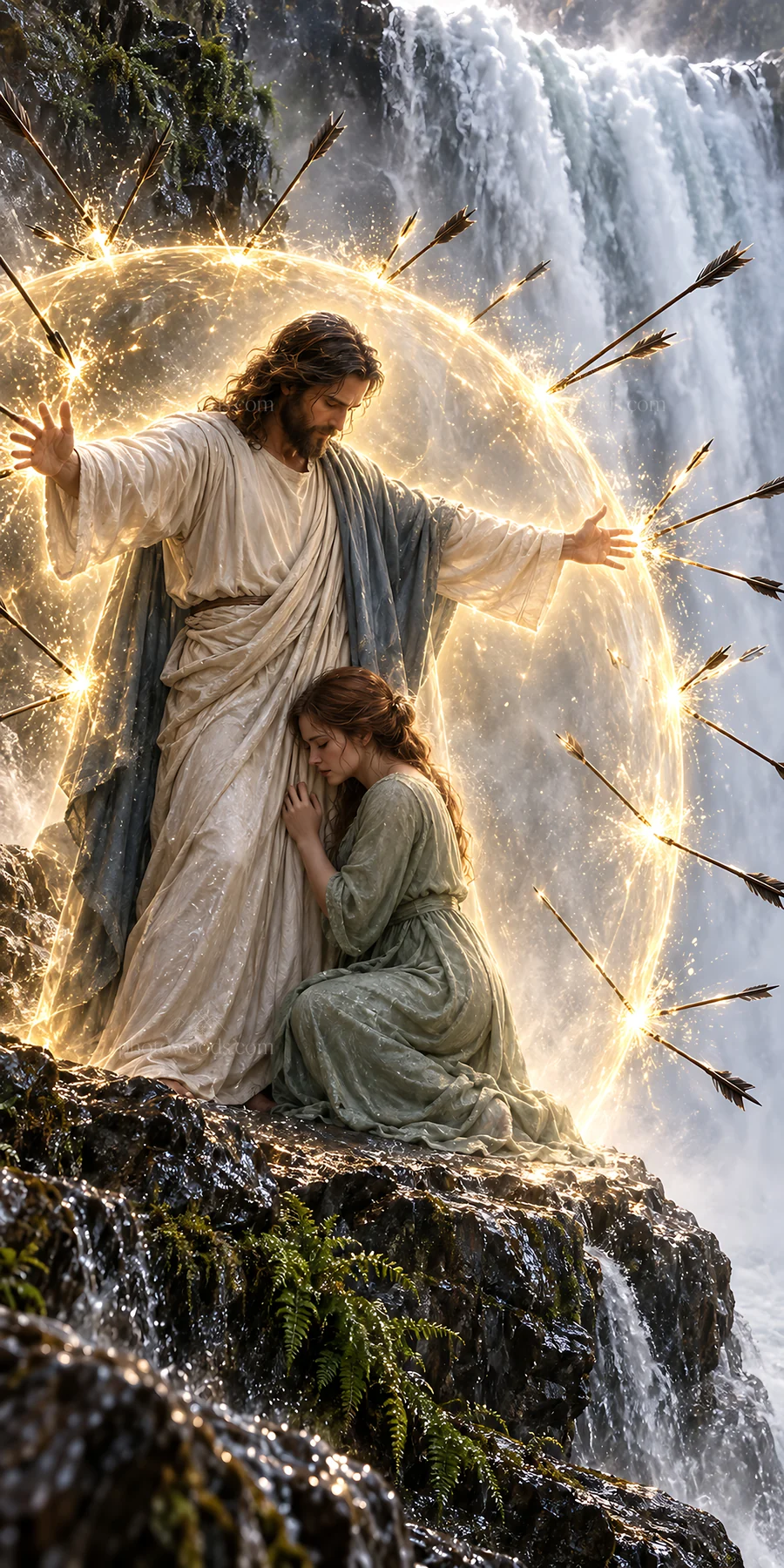 Jesus Christ comforting a person by a waterfall - AI-generated stock image