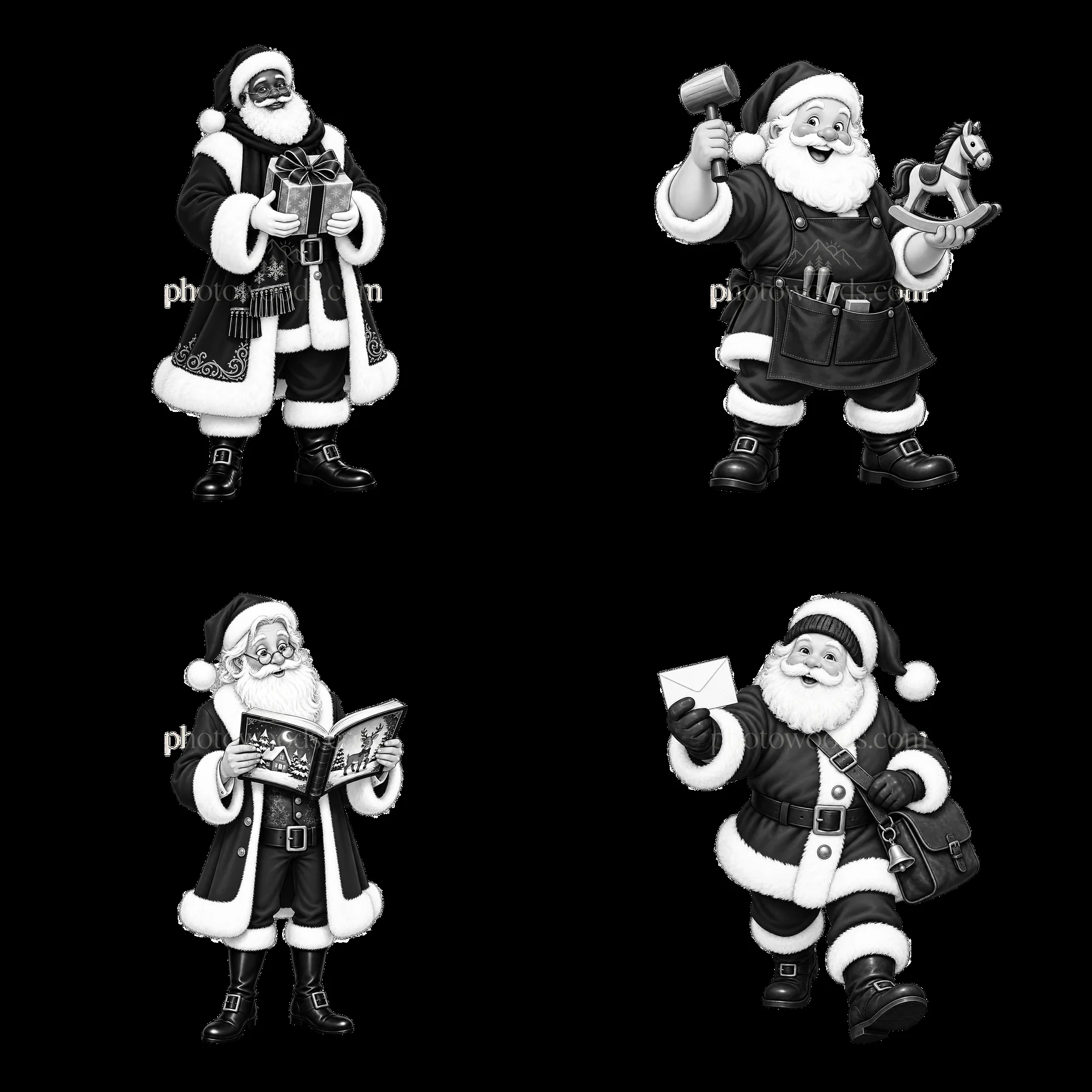 Monochrome four cartoon figure stickers in a square arrangement - AI-generated stock image