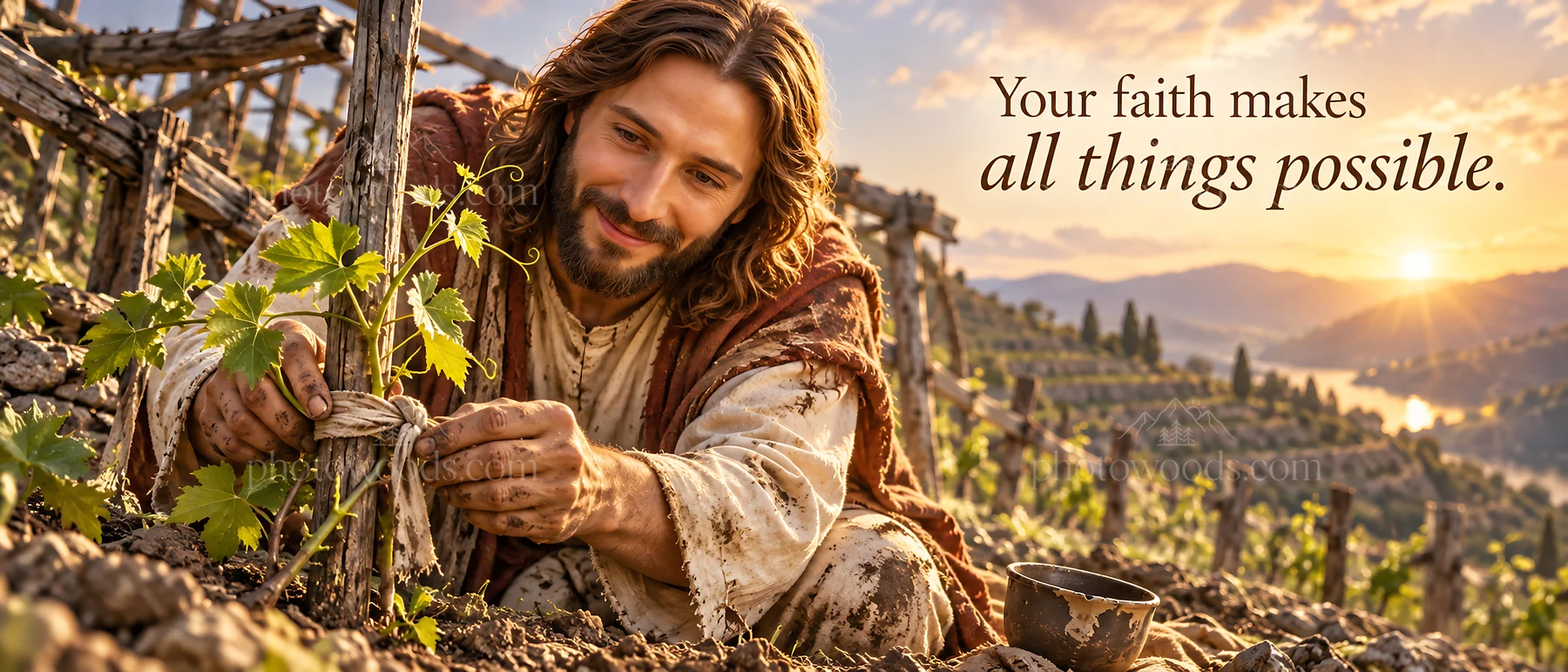 Jesus Christ tending to a young vine in a vineyard - AI-generated stock image