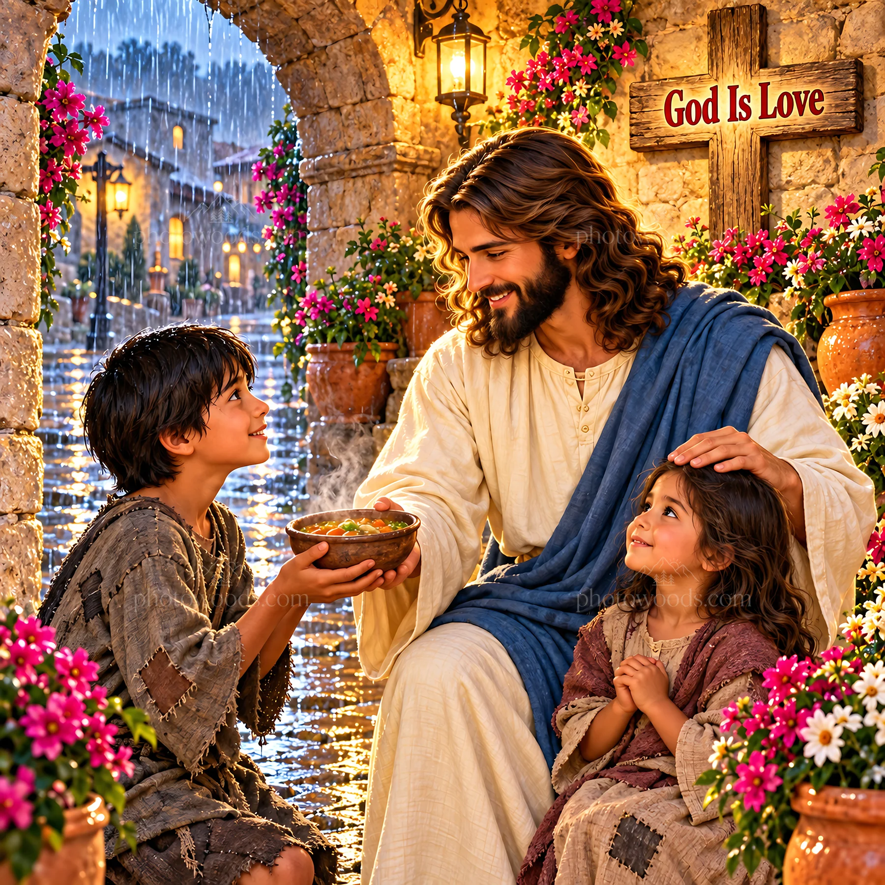 Jesus Christ sharing a meal with children in a garden setting - AI-generated stock image
