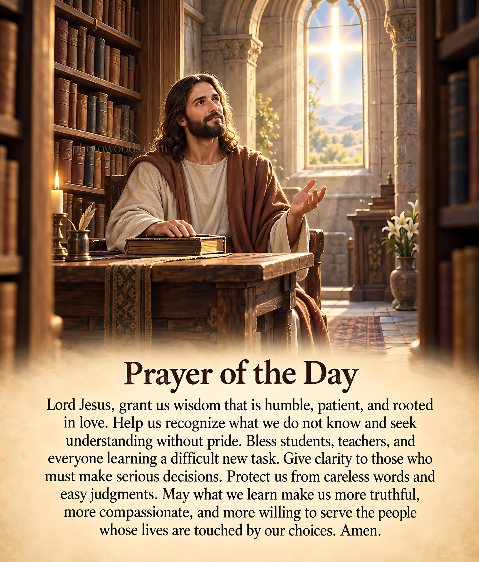 Wisdom in the library with focused figure and books - AI-generated stock image