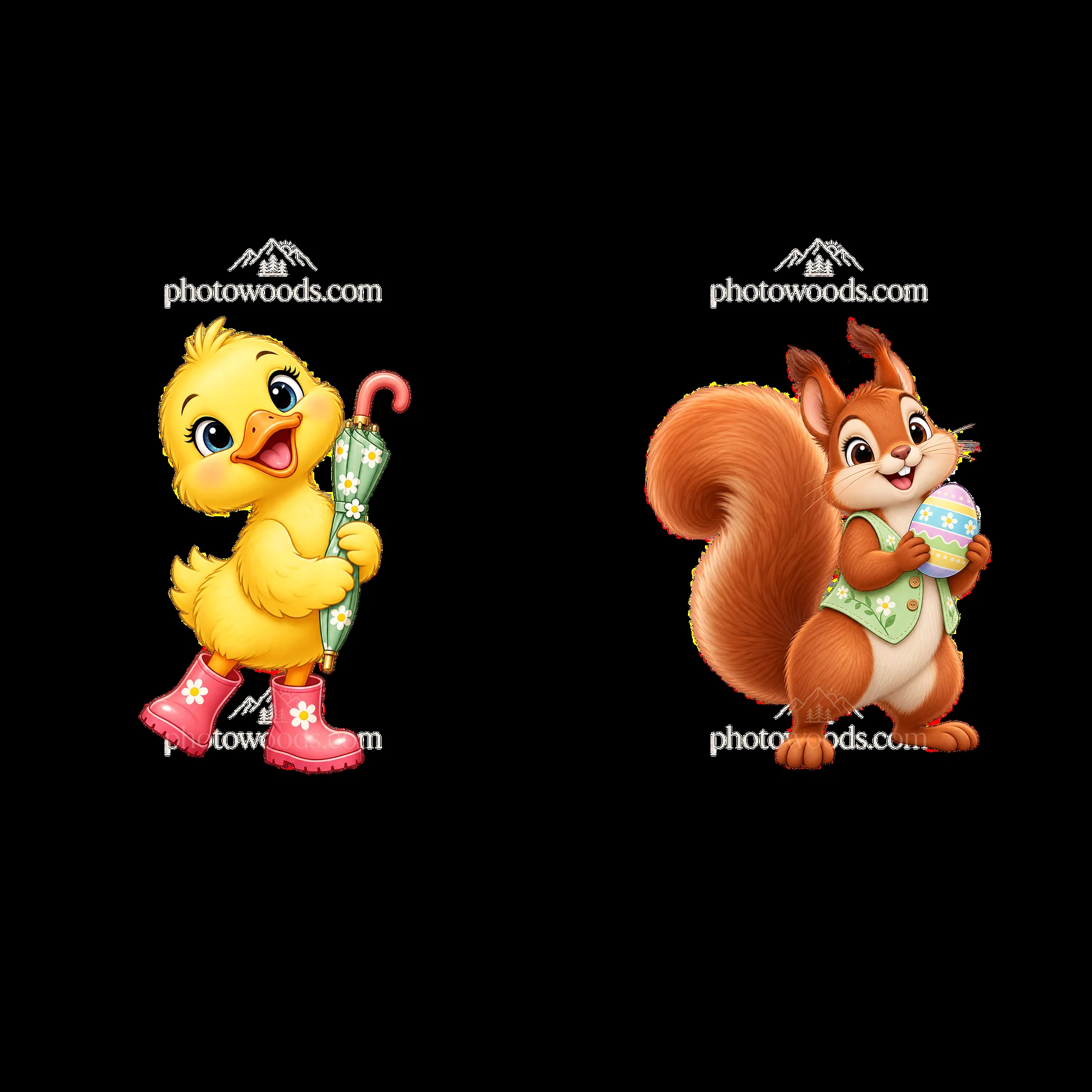Cartoon chick with umbrella and squirrel holding Easter egg - AI-generated stock image