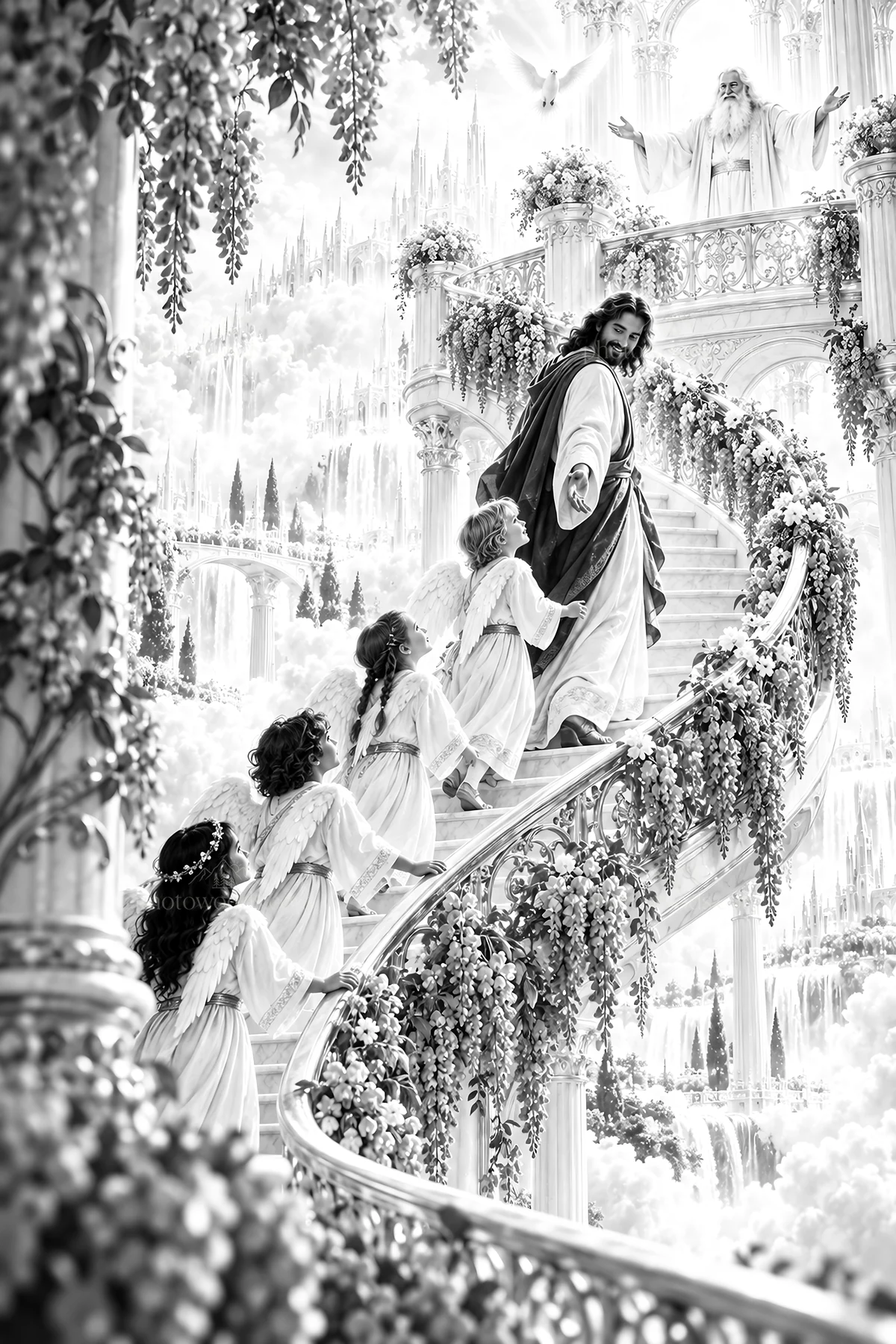 Jesus Christ walking with children up a staircase - AI-generated stock image