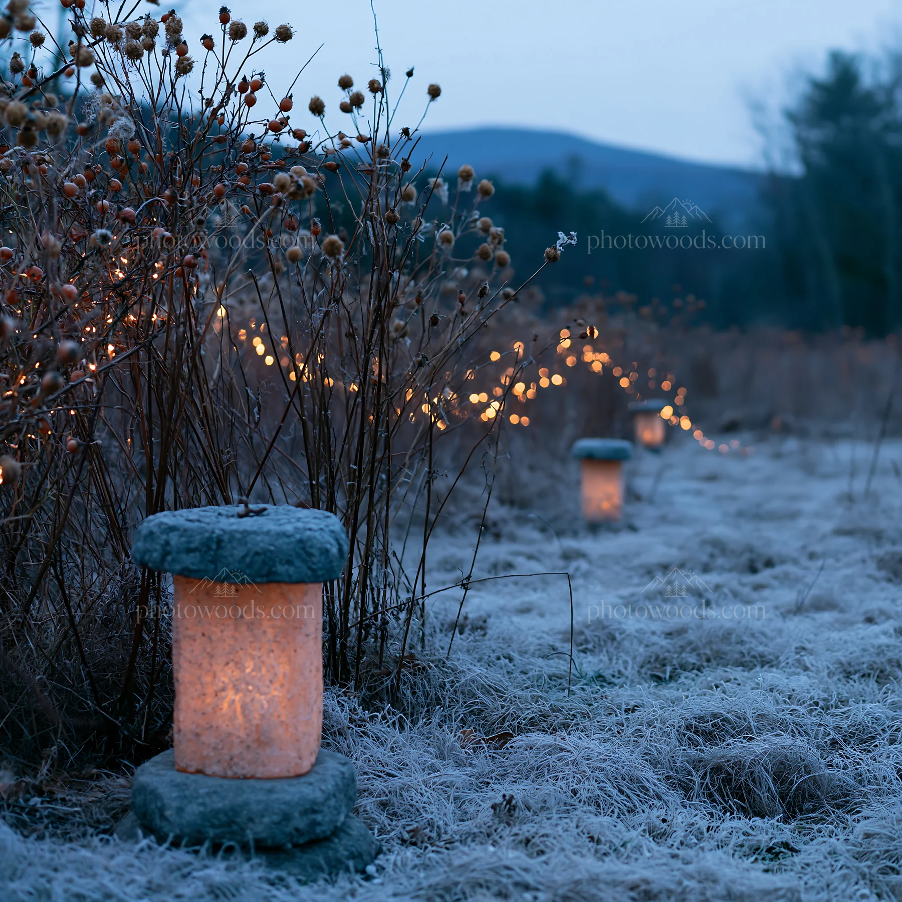Frosty meadow with lanterns and seedheads during winter evening - AI-generated stock image