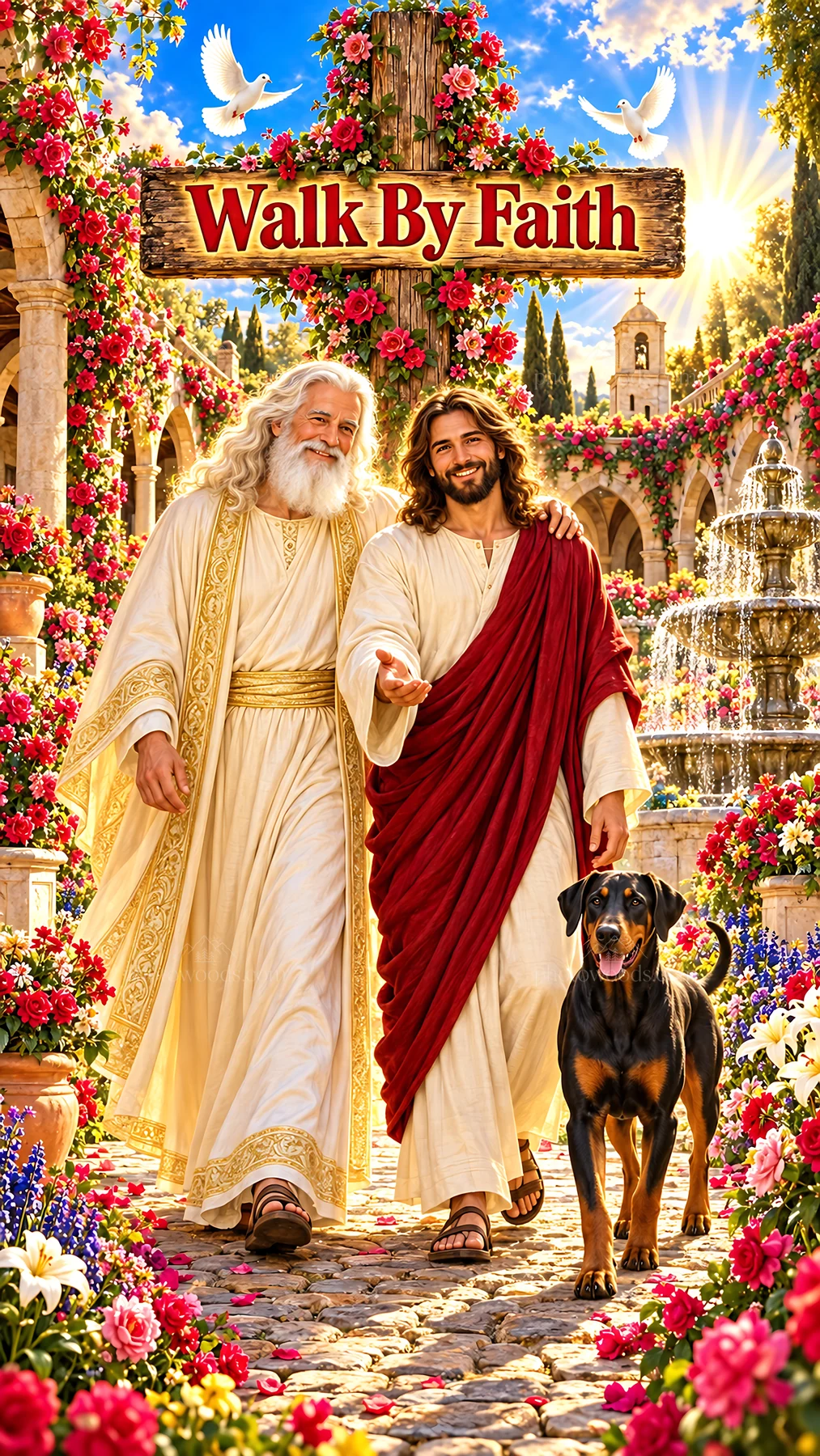 Jesus Christ walking with God in a garden with a dog - AI-generated stock image