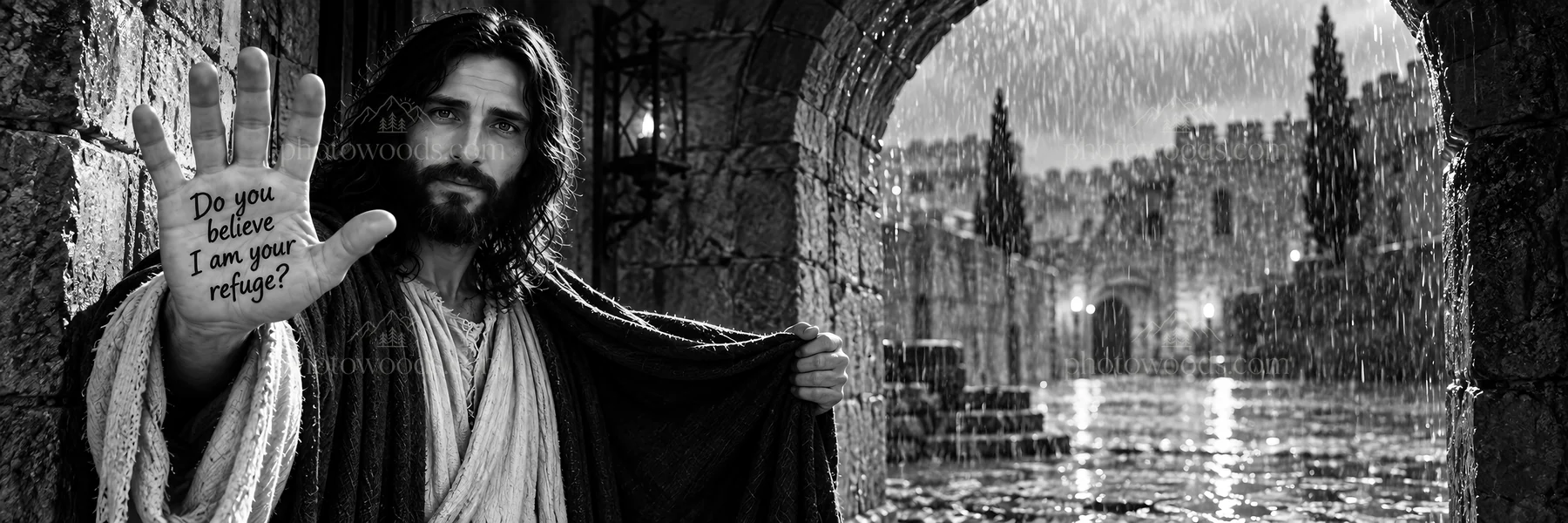 Jesus Christ offering refuge in a rain-soaked scene - AI-generated stock image