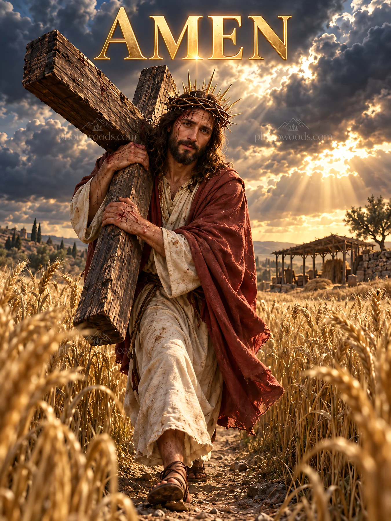 Jesus Christ carrying the cross through a wheat field - AI-generated stock image