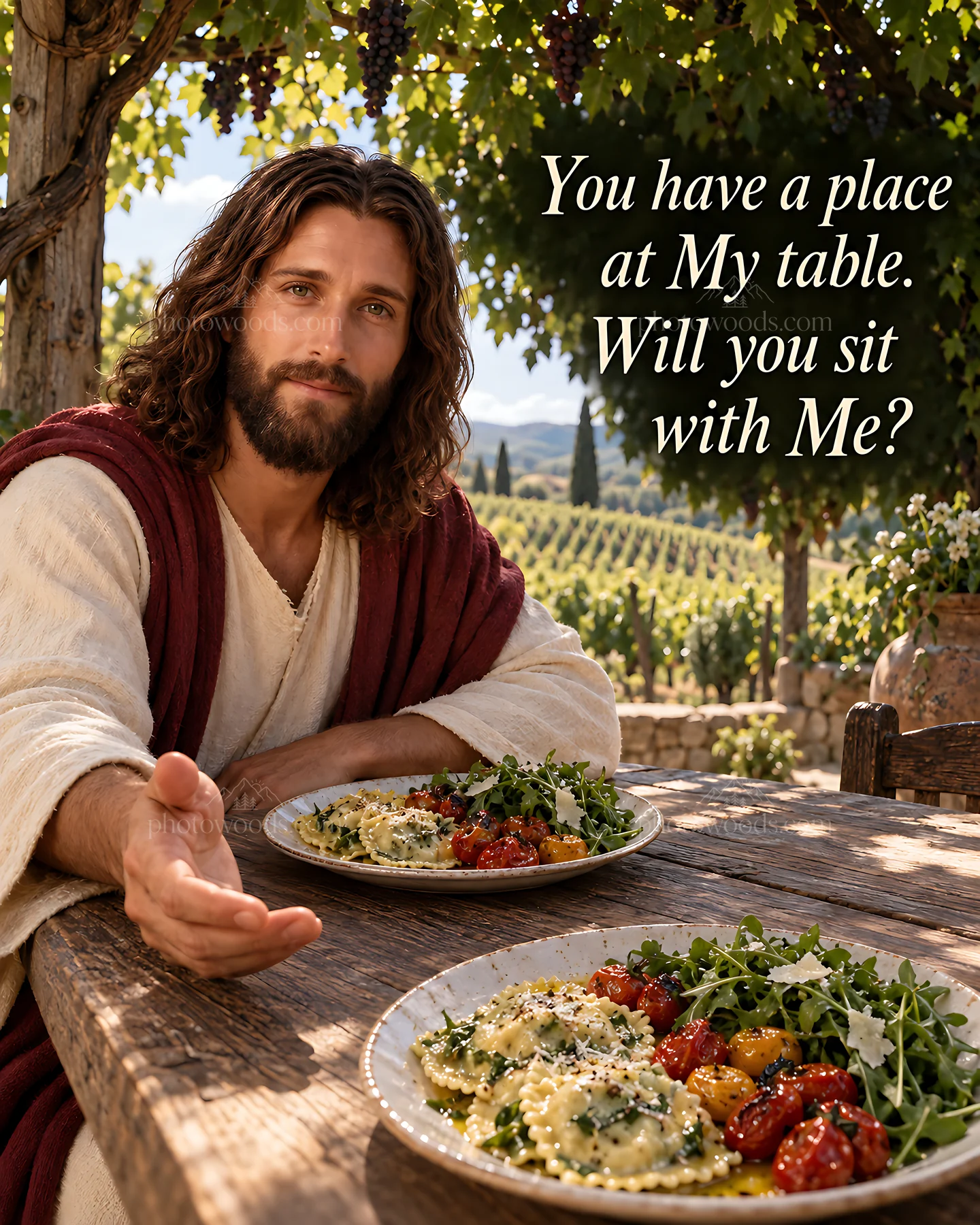 Vineyard Pergola with food and figure inviting to the table - AI-generated stock image